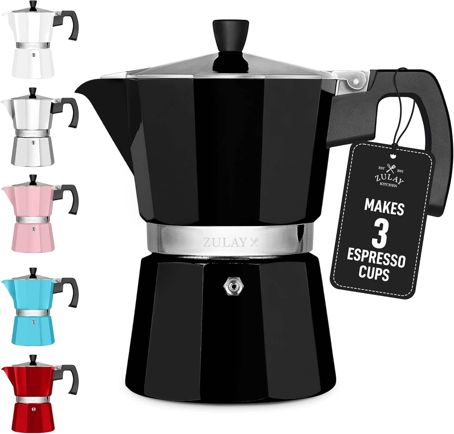 Zulay Kitchen - Stovetop Espresso Maker - Moka Pot 3 Espresso Cups - Black