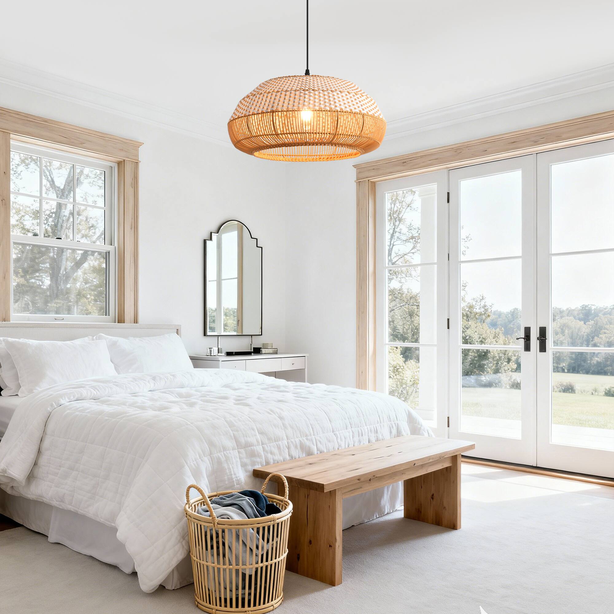 Back. Parrot Uncle - 1-Light Coastal Retro Brown Rattan Hand-Woven Cloche Hanging Cage Pendant Light - Brown.