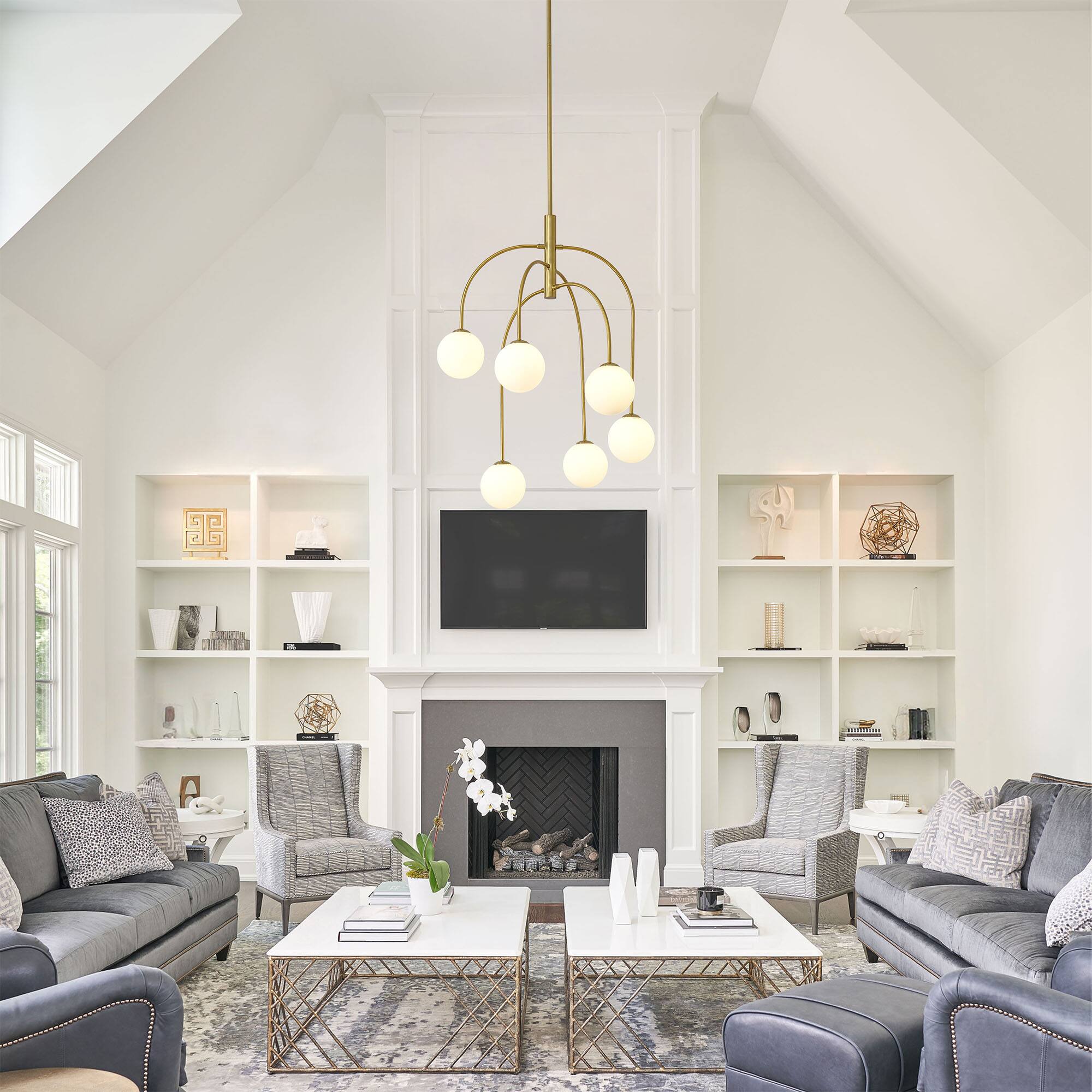 Left. RYHNUYNE - 6-Light Gold Sputnik Chandelier,Mid Century Modern Chandelier with Milk Glass Shades,Globe Chandelier for Dining Room - Gold.