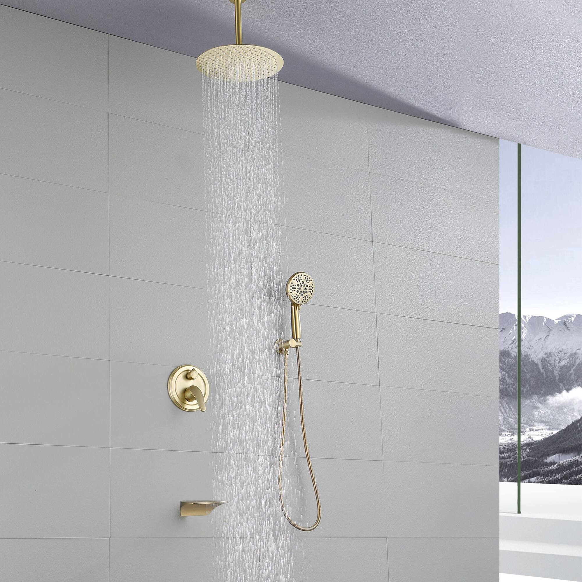 Alt View 2. Boyel Living - Brushed Gold 12-Inch Rain Shower System Brass SUS304 3-Function Valve 7-Function Handheld cUPC - Brushed Gold.