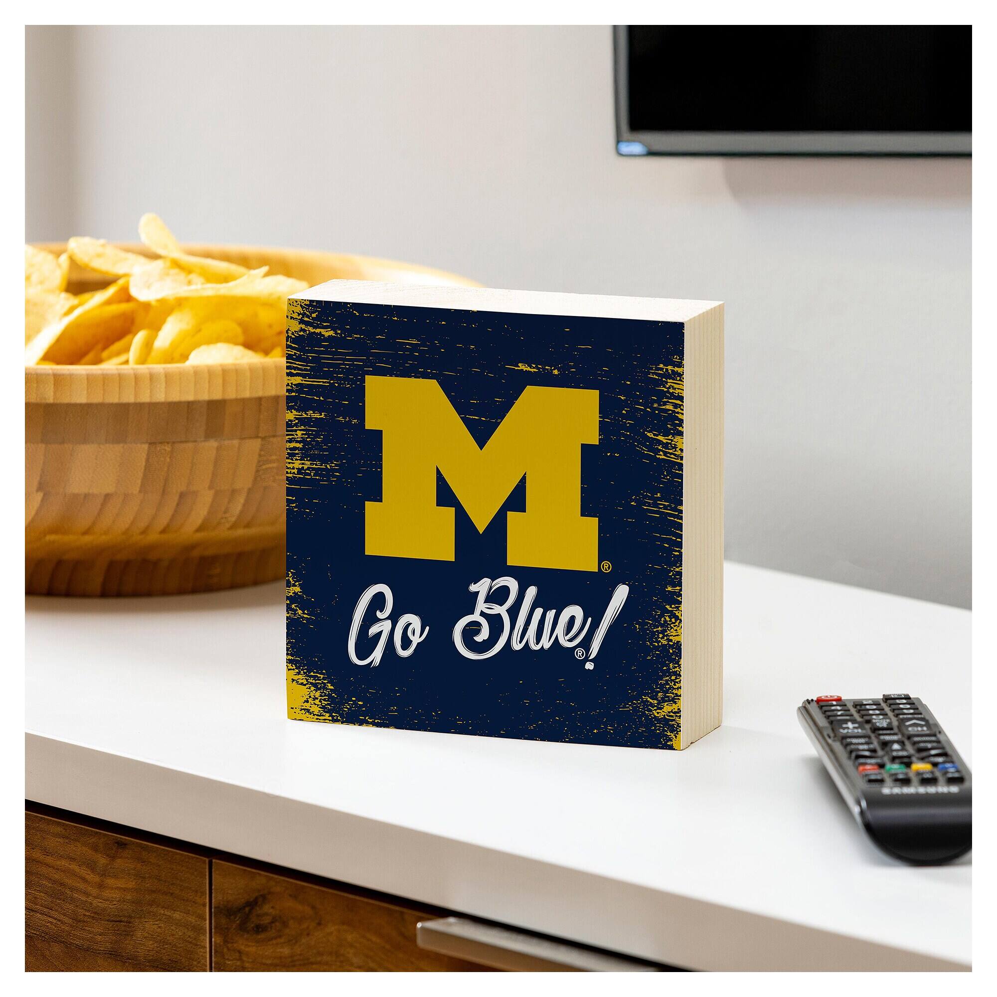 Alt View 2. Evergreen Enterprises - Michigan Wolverines 6" Square Fan Chant Wood Block Shelf Sign - Multicolor.