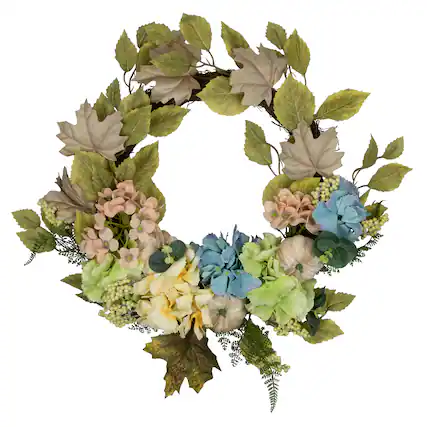 Front. Northlight - Mini Pumpkins and Florals Artificial Fall Harvest Wreath - 22" - Green and Blue - Green.