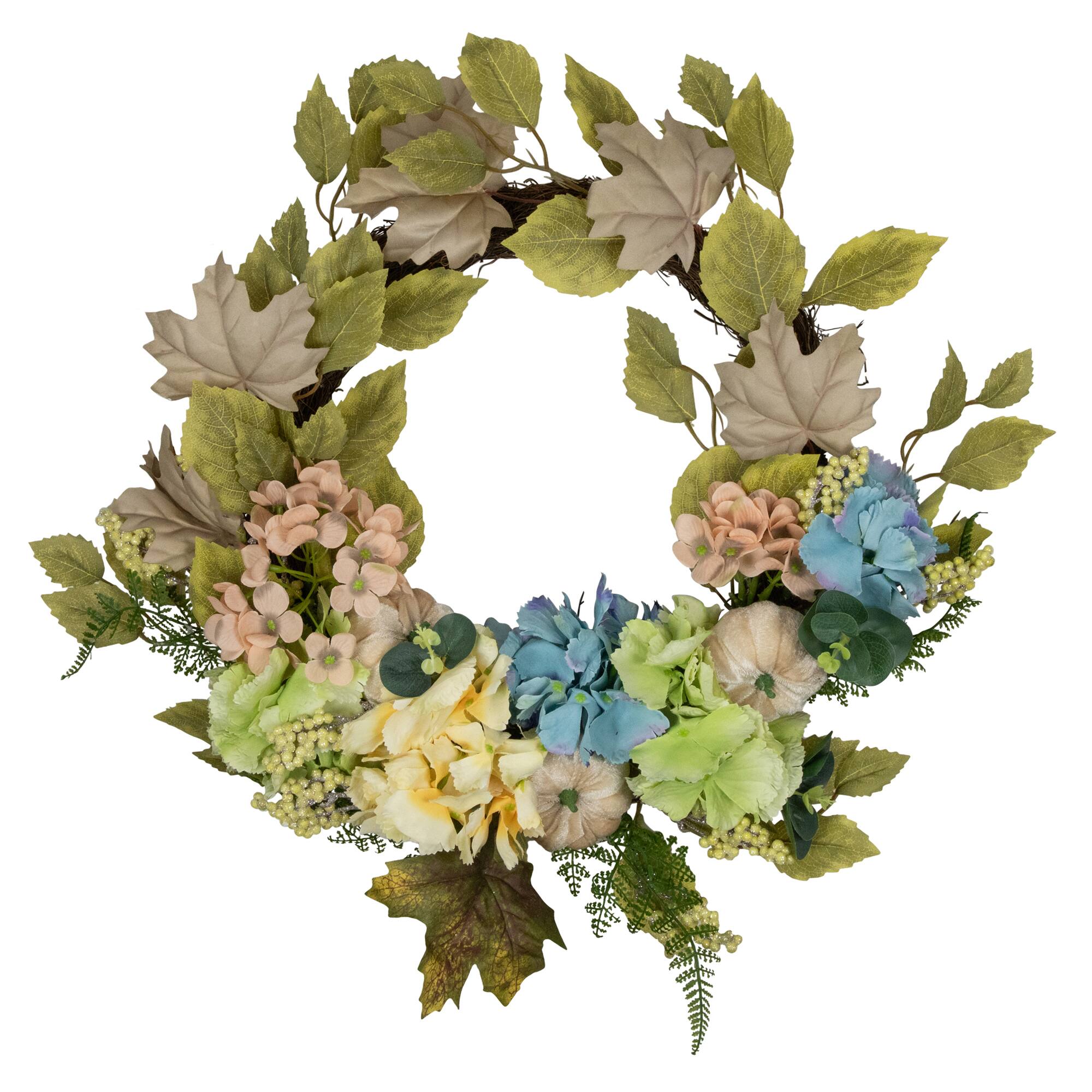 Front. Northlight - Mini Pumpkins and Florals Artificial Fall Harvest Wreath - 22" - Green and Blue - Green.