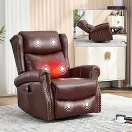 Ropilly - Genuine Leather Recliner, Swivel Rocker Massage Chair with Lumbar Heat - Red