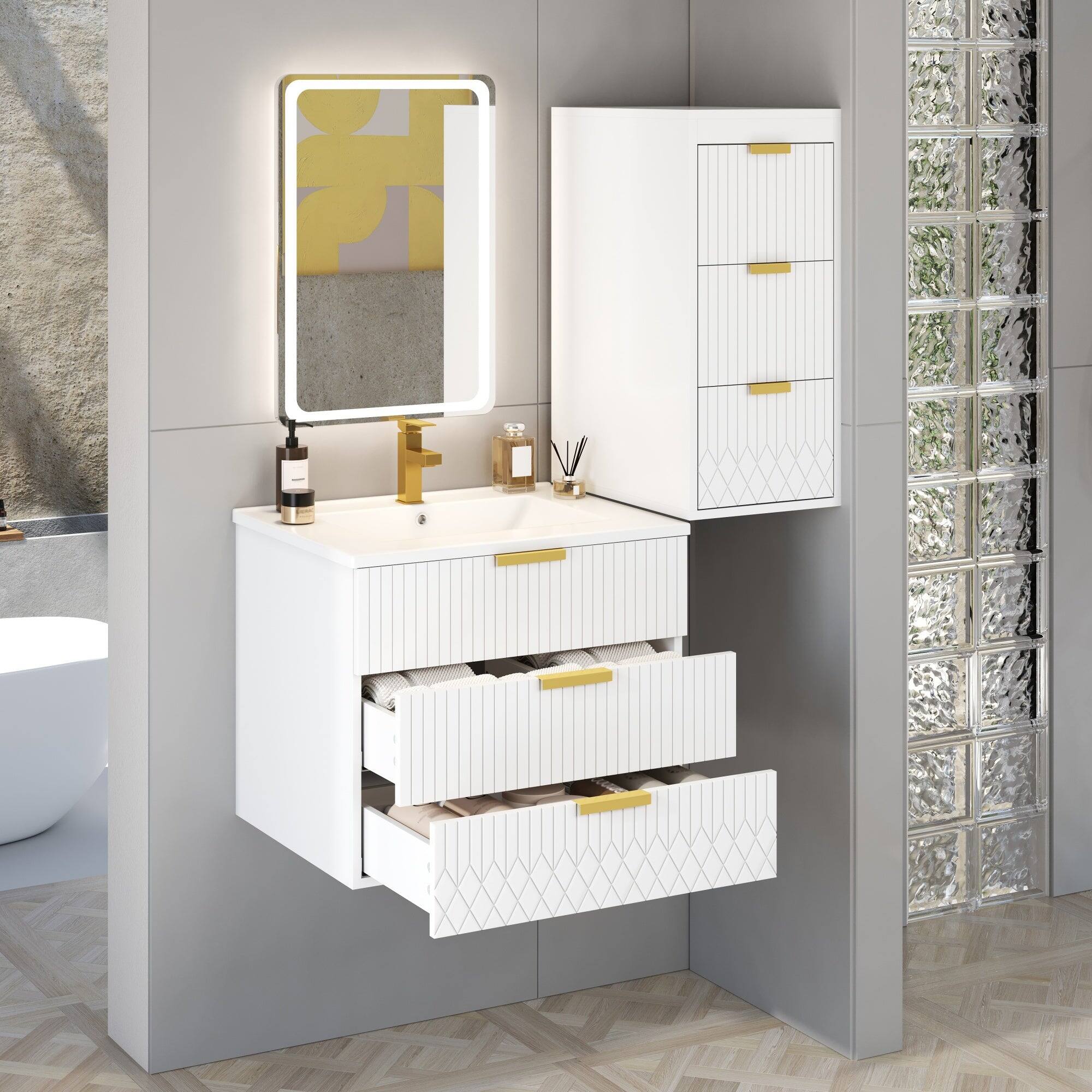 Alt View 7. Boyel Living - 24 Inch Wall Mounted Modern Bathroom Vanity with Ceramic Sink and Side Cabinet White - White.