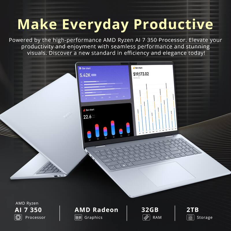 Make Everyday Productive

Powered by the high-performance AMD Ryzen AI 7 350 Processor. Elevate your productivity and enjoyment with seamless performance and stunning visuals. Discover a new standard in efficiency and elegance today!

- Bar chart 5.42K
- Bar chart $19,173.02
- Bar chart 22.6

AMD Ryzen AI 7 350 Processor
AMD Radeon Graphics
32GB RAM
2TB Storage