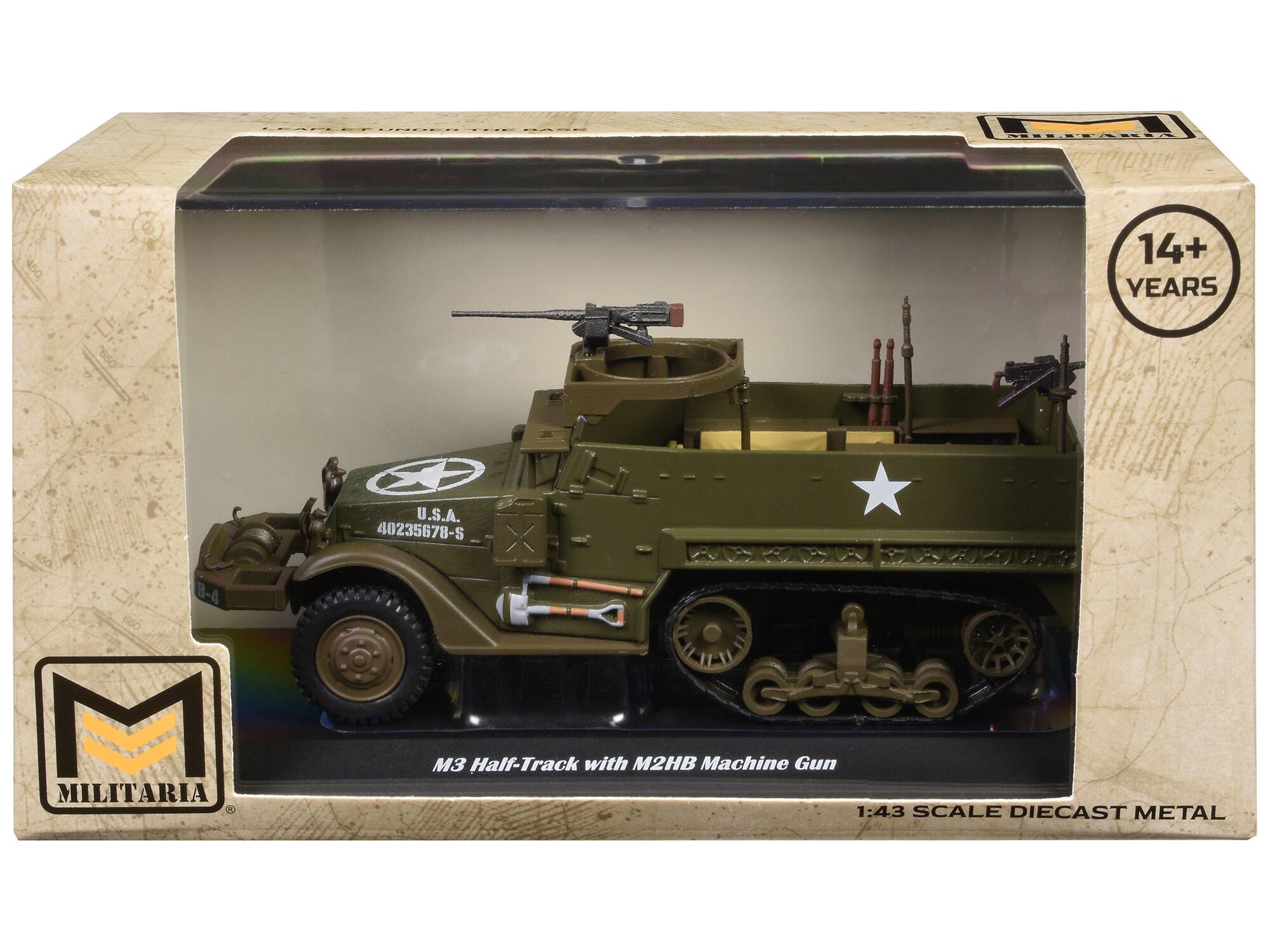 H.MMM. 14+ YEARS S U.S.A. 40235678-S -4 M MILITARIA 00 M3 Half-Track with M2HB Machine Gun 1:43 SCALE DIECAST METAL