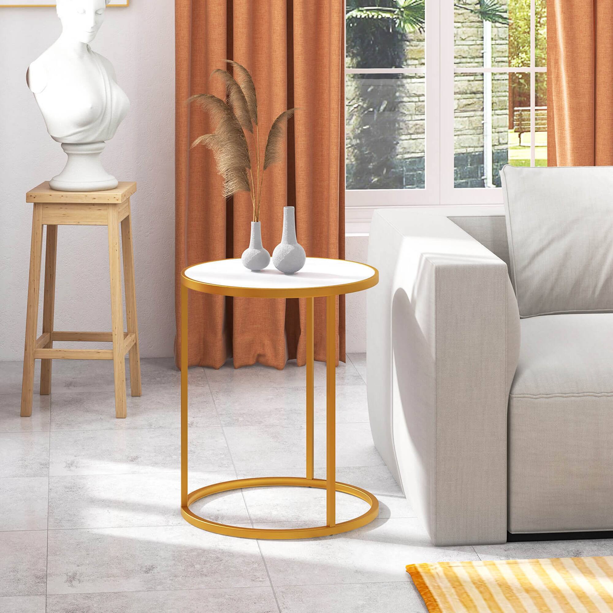 Alt View 3. Gymax - Gymax 2PCS Marble Top Round Side Table 19.5''x19.5'' End Table w/Golden Metal Frame Gold - White + Gold.