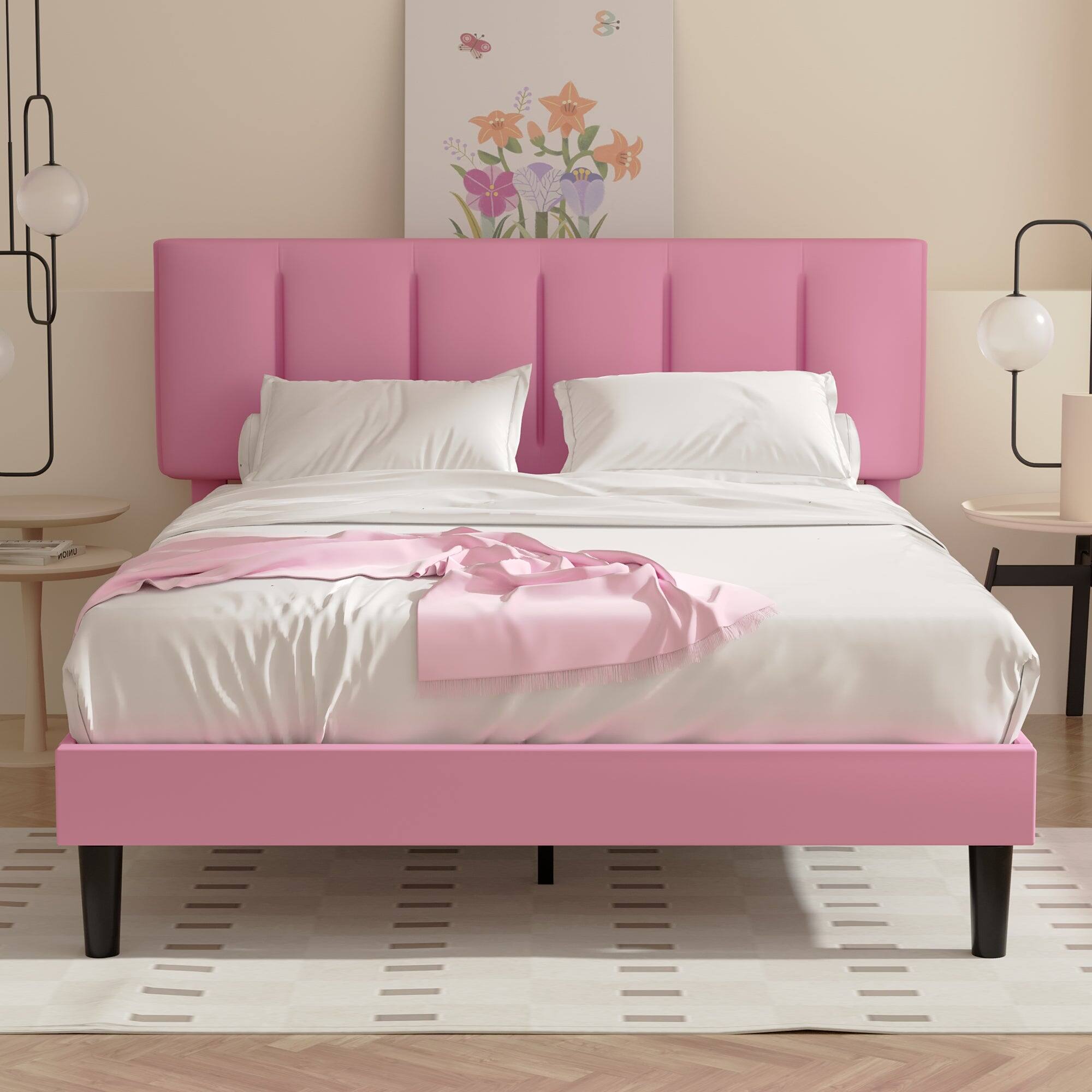 Alt View 3. Vecelo - Queen Upholstered Bed with Adjustable Headboard & 7.9" Underbed Storage - Quiet Slat Metal Platform Bed,Fabric Frame - Pink.