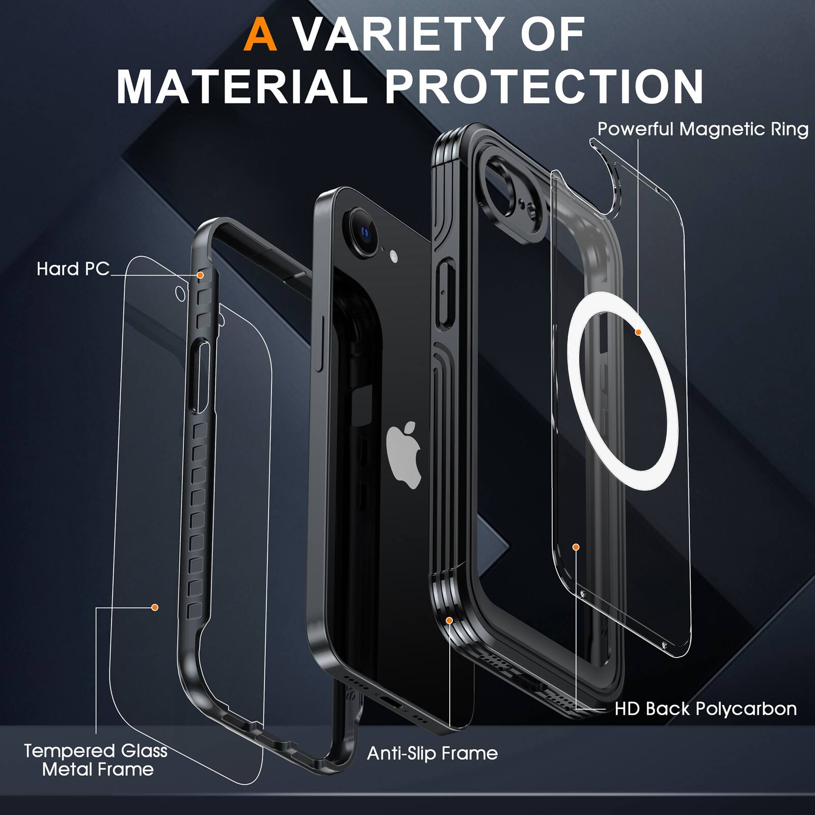 A VARIETY OF MATERIAL PROTECTION

- Powerful Magnetic Ring
- Hard PC
- HD Back Polycarbon
- Tempered Glass Metal Frame
- Anti-Slip Frame