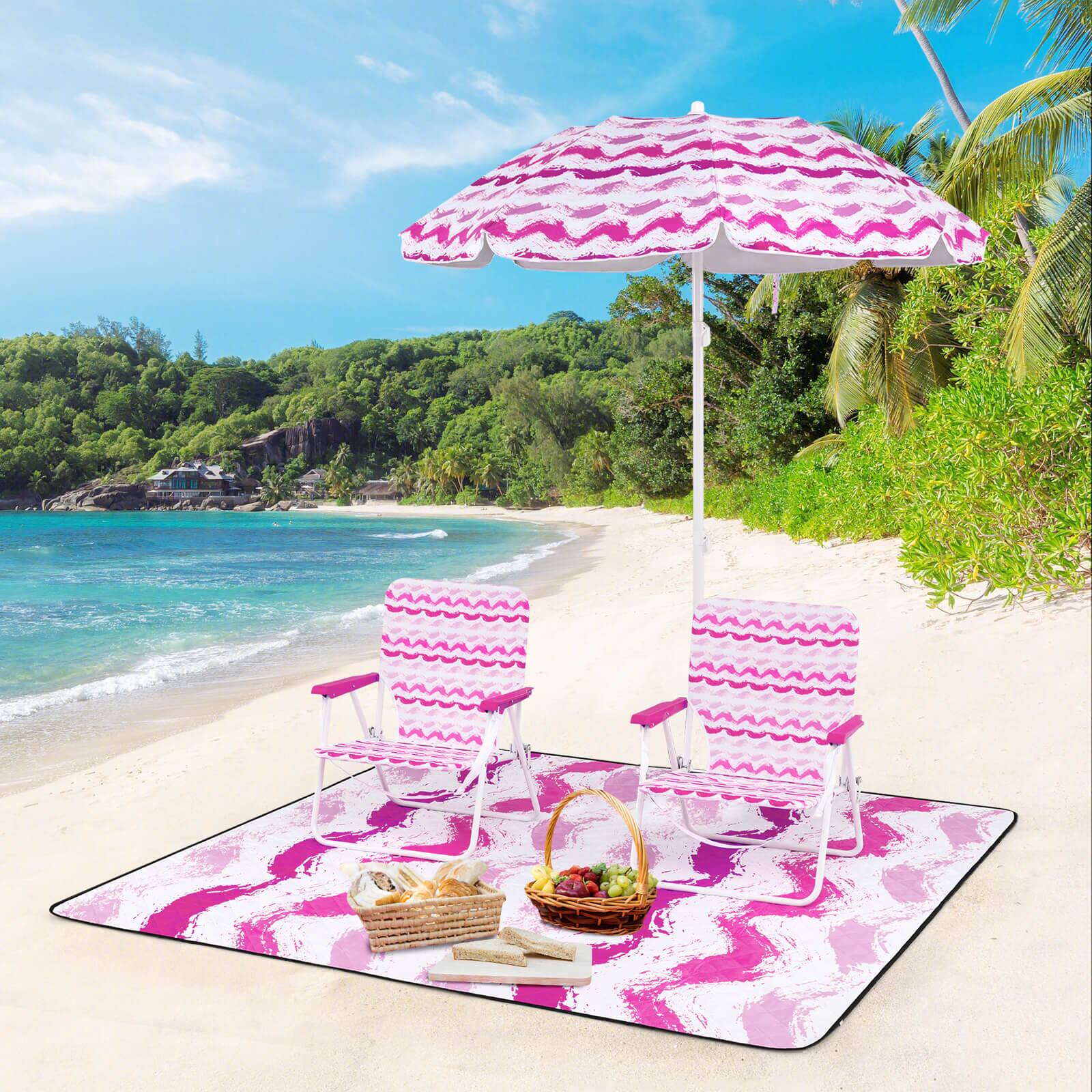 Alt View 3. Costway - Costway 4 PCS Beach Umbrella Set with 2 Foldable Chairs & Picnic Blanket, Tilt Mechanism - Pink.