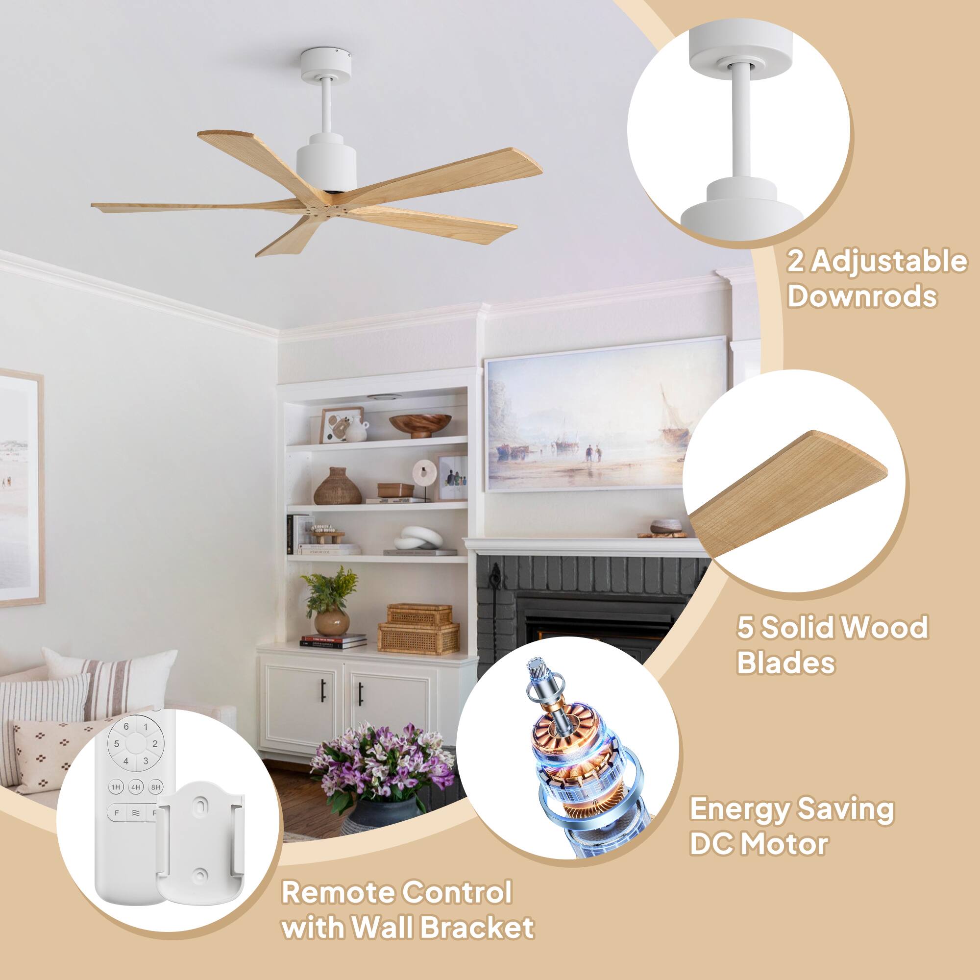 2 Adjustable Downrods  
5 Solid Wood Blades  
Remote Control with Wall Bracket  
Energy Saving DC Motor