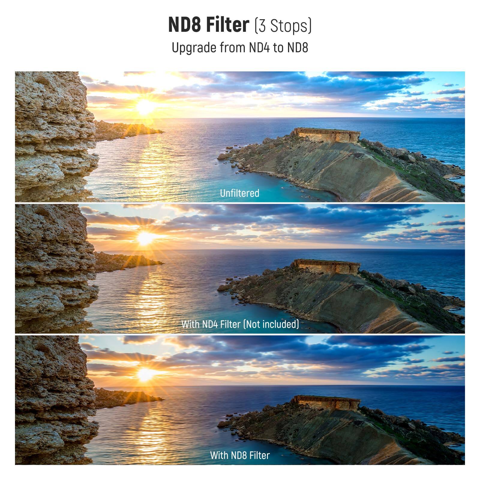 ND8 Filter (3 Stops)  
Upgrade from ND4 to ND8  

Unfiltered  

With ND4 Filter (Not included)  

With ND8 Filter
