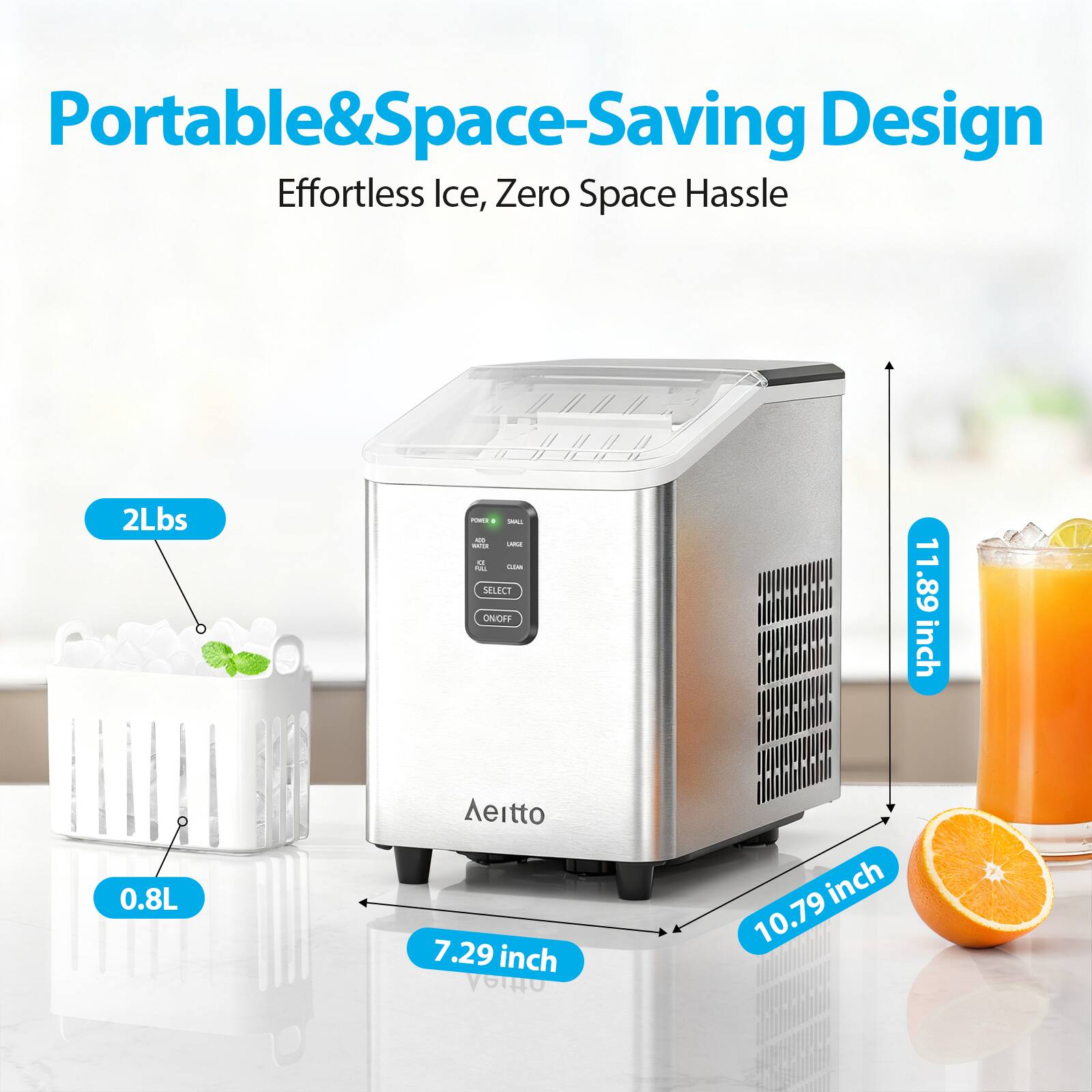 Portable & Space-Saving Design  
Effortless Ice, Zero Space Hassle  

2Lbs  
0.8L  
7.29 inch  
10.79 inch  
1.89 inch