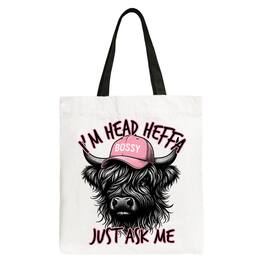 OrnamentallyYou - Bossy Highland Cow Canvas Tote Bag, Head Heifer Funny Western Gift Shopper - White Black