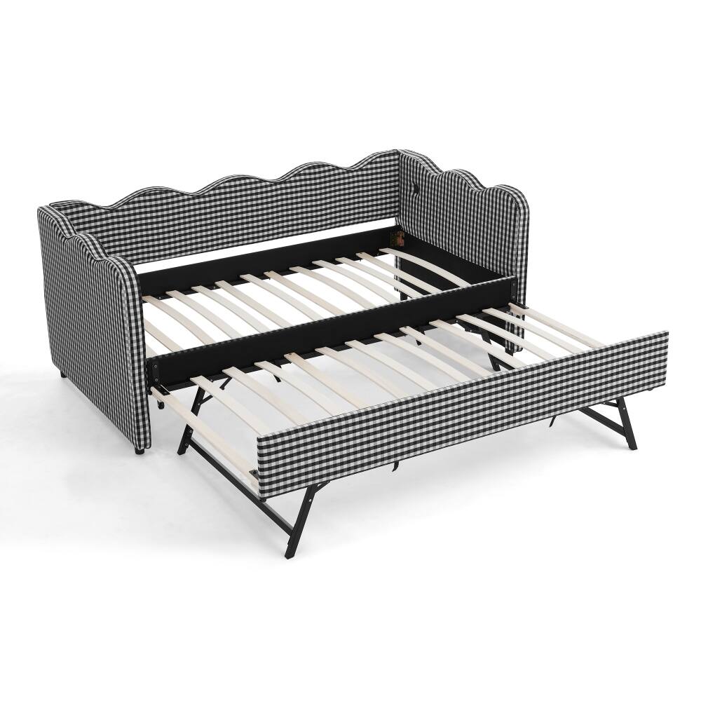 Alt View 9. JUJABU - Black Cozy Gingham Daybed with Twin Size Trundle No Box Spring Needed, with USB Port and Adorable Wave Shaped - Black.