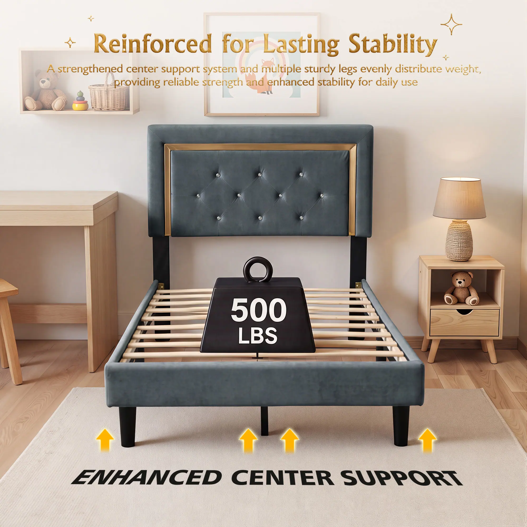Reinforced for Lasting Stability

A strengthened center support system and multiple sturdy legs evenly distribute weight, providing reliable strength and enhanced stability for daily use

500 LBS

ENHANCED CENTER SUPPORT