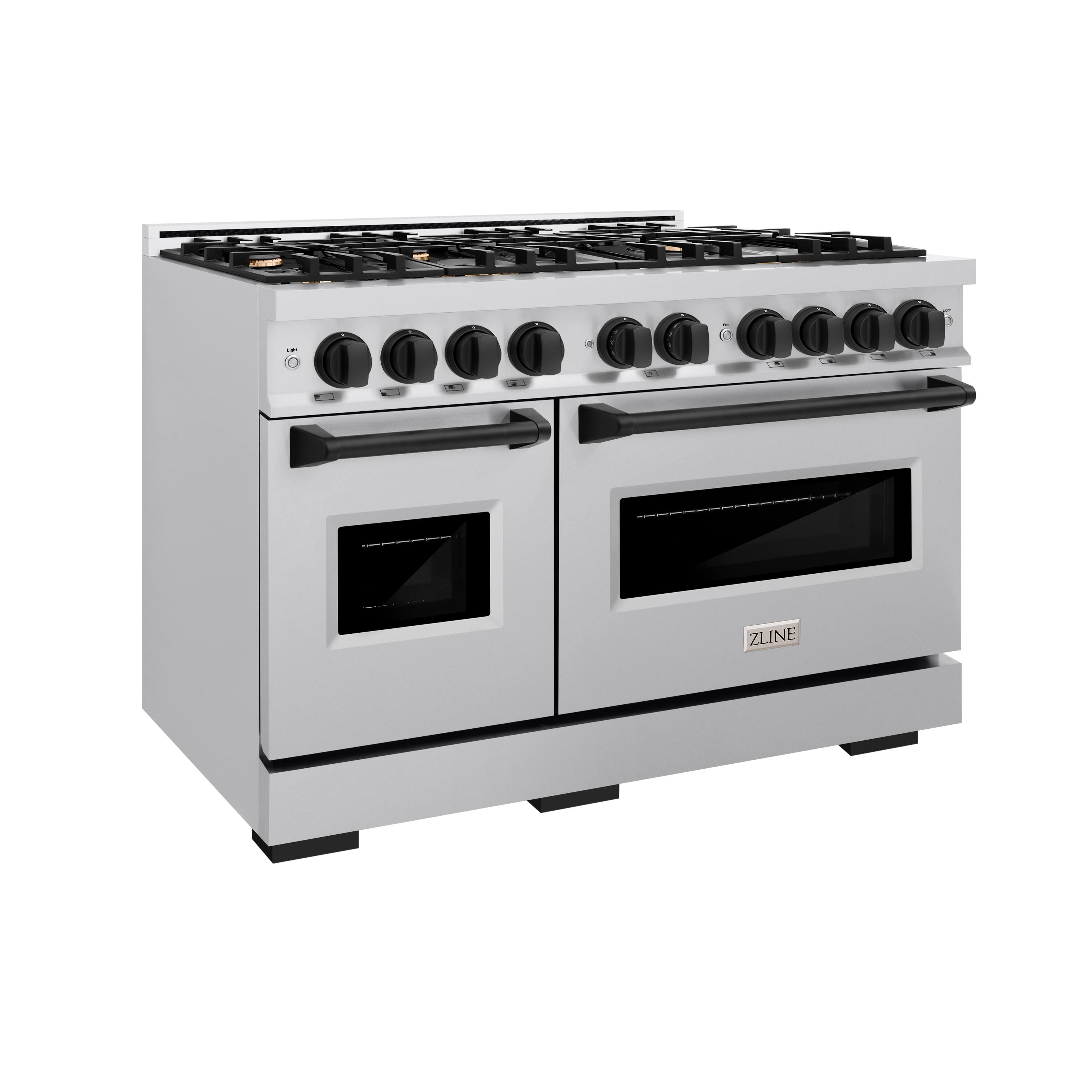 Left. ZLINE - ZLINE Autograph 48" Classic Double Oven Dual Fuel Range w/ Matte Black Accents (CDRZ-48-MB) - Stainless Steel.