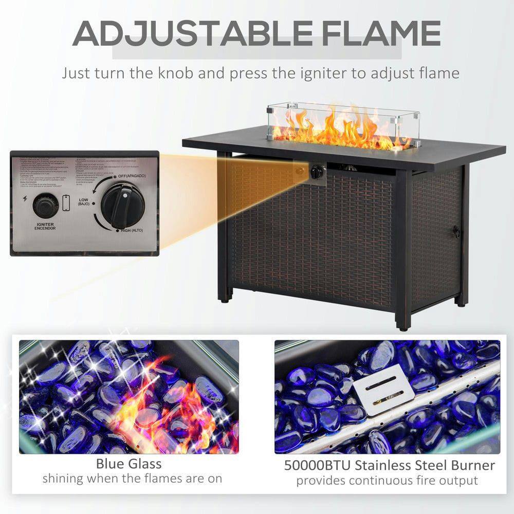 **ADJUSTABLE FLAME**

Just turn the knob and press the igniter to adjust flame

- **Blue Glass** shining when the flames are on
- **50000BTU Stainless Steel Burner** provides continuous fire output