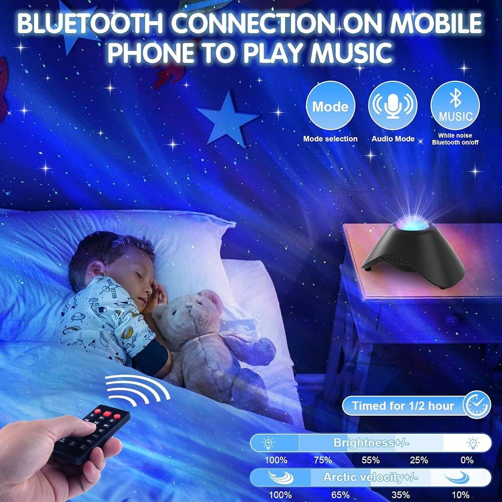 BLUETOOTH CONNECTION ON MOBILE PHONE TO PLAY MUSIC

Mode selection  
Audio Mode  
White noise  
Bluetooth on/off  

Timed for 1/2 hour  

Brightness+/-  
100% 75% 55% 25% 0%  

Arctic velocity+/-  
100% 65% 35% 10%
