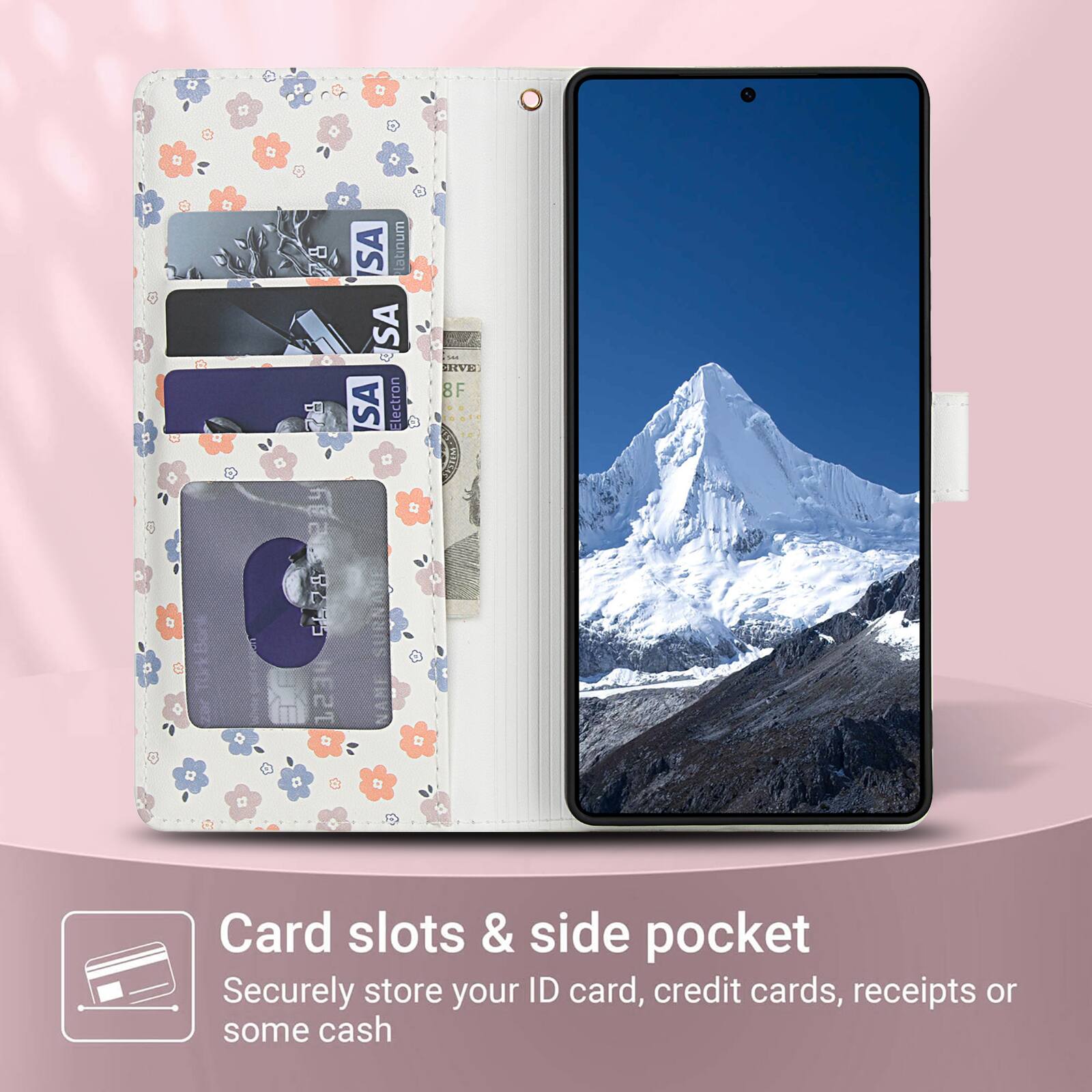 Card slots & side pocket  
Securely store your ID card, credit cards, receipts or some cash