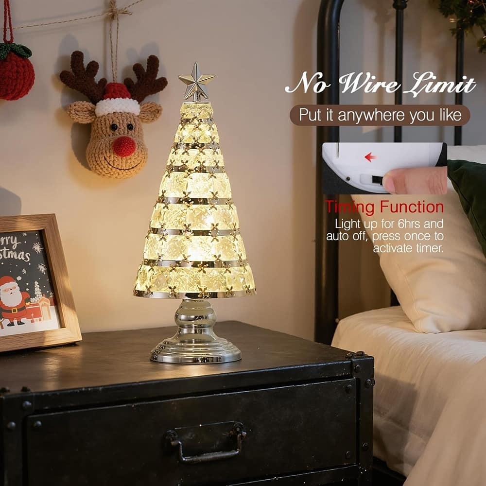 RTMB - 14-Inch Crystal Treetop LED Christmas Tree Lamp, Battery-Powered Tabletop Holiday Decoration for Home or Party - Warm White