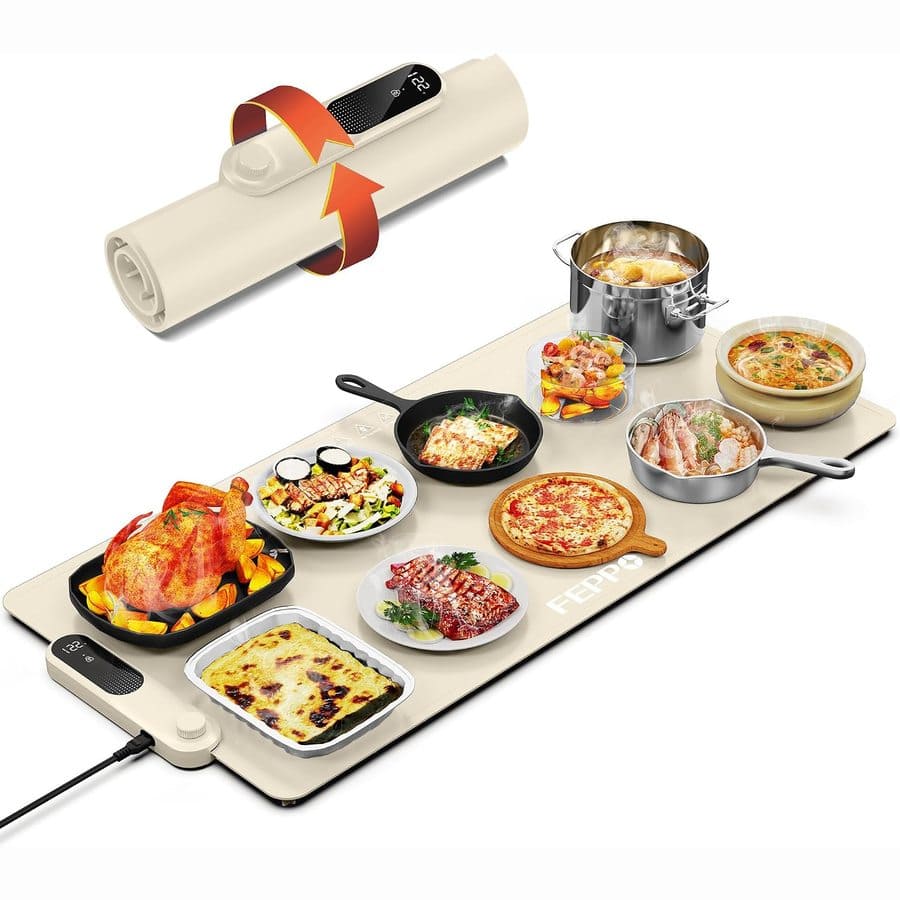 FEPPO - Food Warming Mat, 35"x16" Food Warmers for Parties Buffet, Fast Full-Surface Heating, 19 Temp Levels, 6H Timer - White