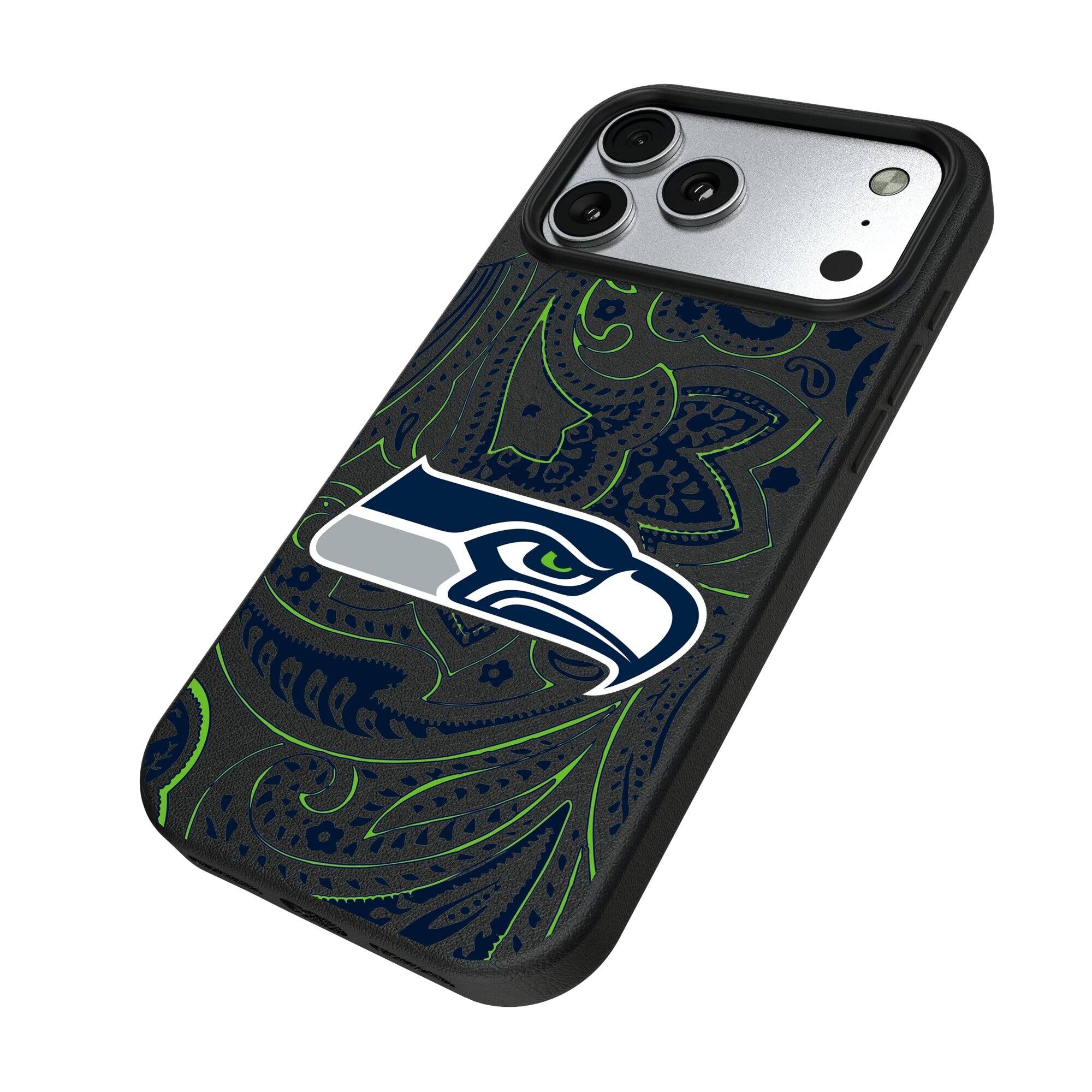 Alt View 1. Keyscaper - Seattle Seahawks Paisley iPhone Magnetic Bump Case - 16 Pro - Black.