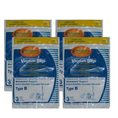 A MUST FOR ALLERGY SUFFERERS!  
226 EnviroCare TECHNOLOGIES  
Vacuum Bags  
Designed to Fit: Kenmore Bagged Extra-Suction Canister Vacuum Type B  
3 BAGS  
SACS  
BOLSAS  

A MUST FOR ALLERGY SUFFERERS!  
226 EnviroCare TECHNOLOGIES  
Vacuum Bags  
Designed to Fit: Kenmore Bagged Extra-Suction Canister Vacuum Type B  
3 BAGS  
SACS  
BOLSAS