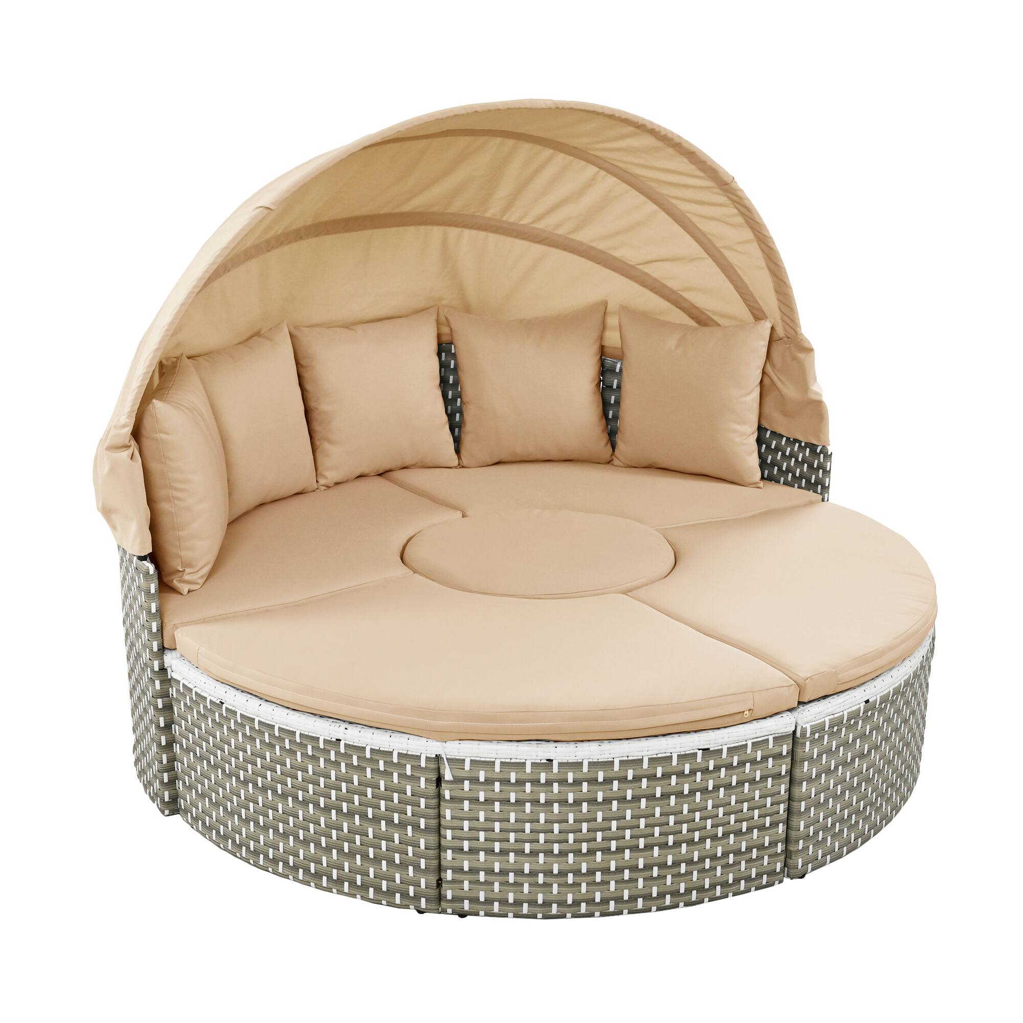 Left. Tiramisubest - Round Patio Sectional Rattan Daybed w/ Retractable Canopy,Two-Tone Weave,Separate Seating&Removable Cushion,Light Coffee - Light Coffee.