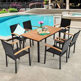 Gymax - 7PCS Rattan Outdoor Dining Set Patio Furniture Set w/ Wooden Tabletop - Black