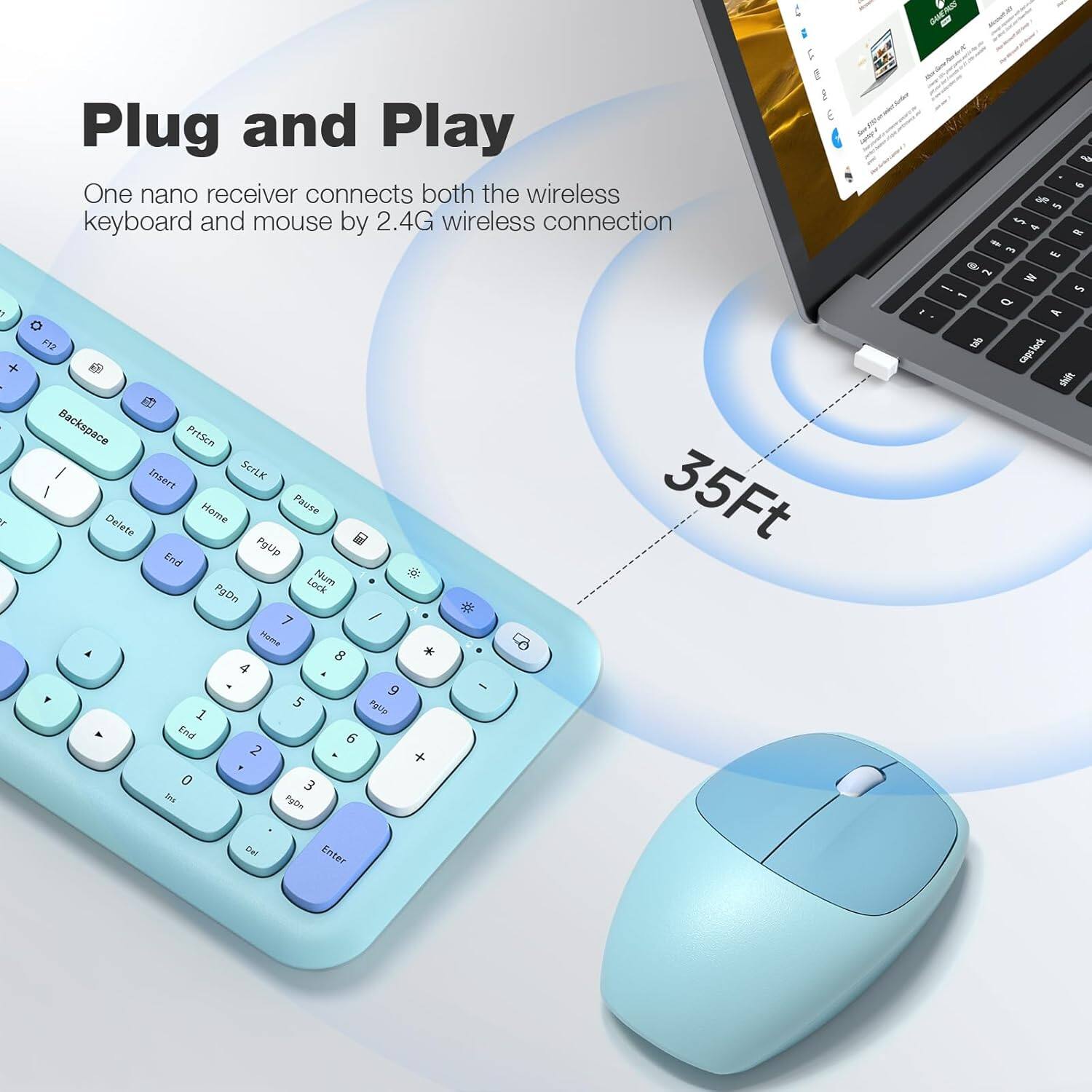 Plug and Play

One nano receiver connects both the wireless keyboard and mouse by 2.4G wireless connection.

35Ft