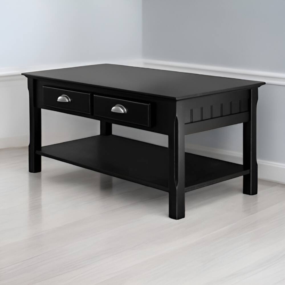 Angle. SlickBlue - Solid Wood Country Style Coffee Table with 2 Storage Drawers - Black.
