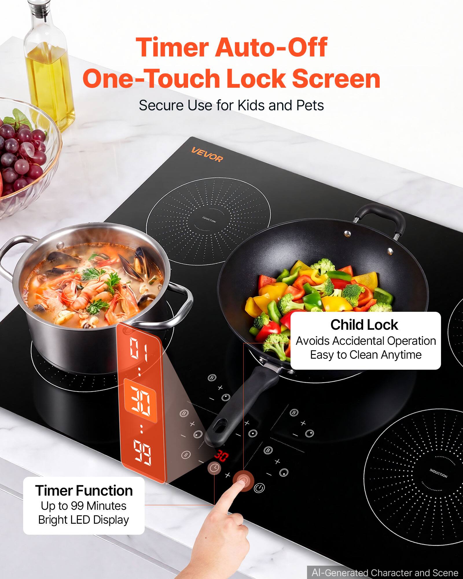 Timer Auto-Off One-Touch Lock Screen Secure Use for Kids and Pets

VEVOR

30 Timer Function Up to 99 Minutes Bright LED Display

Child Lock Avoids Accidental Operation Easy to Clean Anytime

AI-Generated Character and Scene
