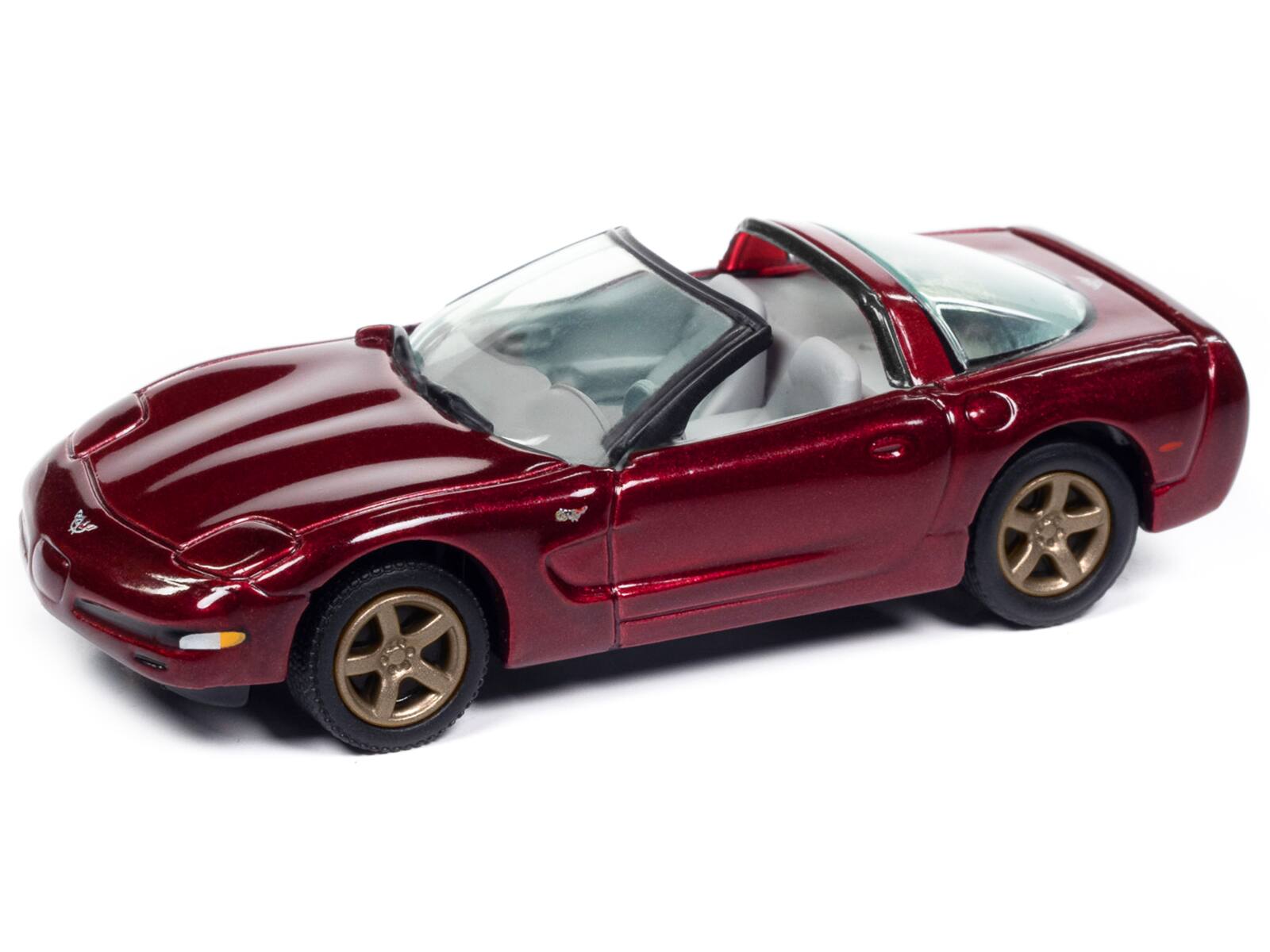 Angle. Johnny Lightning - 2003 Chevrolet Corvette Convertible "50th Anniversary" Anniversary Red Metallic "Classic Gold Collection" 1/64 - Red Metallic.