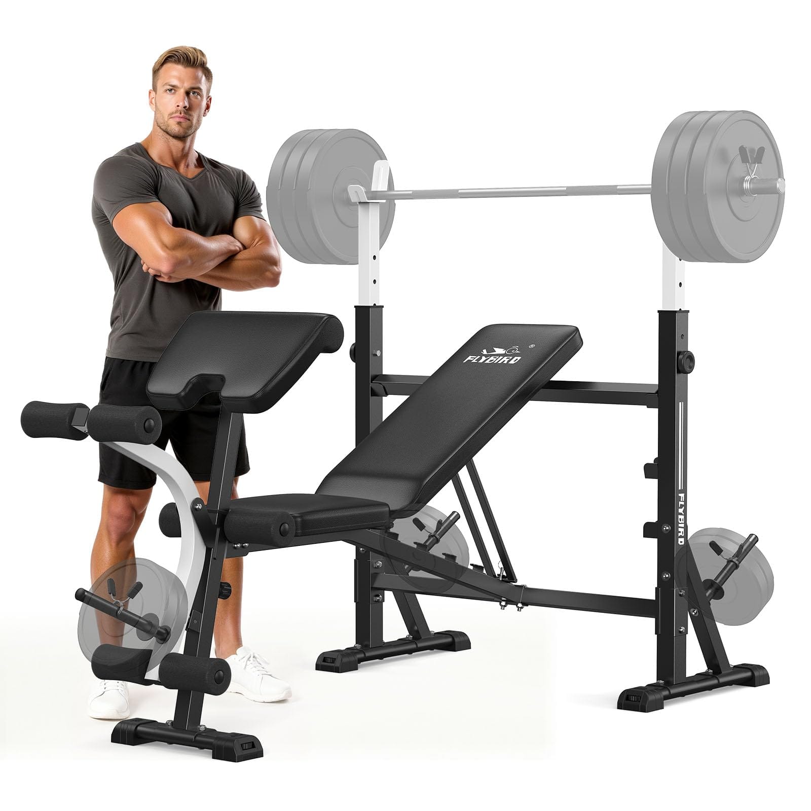 FLYBIRD - Olympic Adjustable Weight Bench, with Bench Press Rack, Leg Extension and Leg curl, for Home Gym Workout - Black