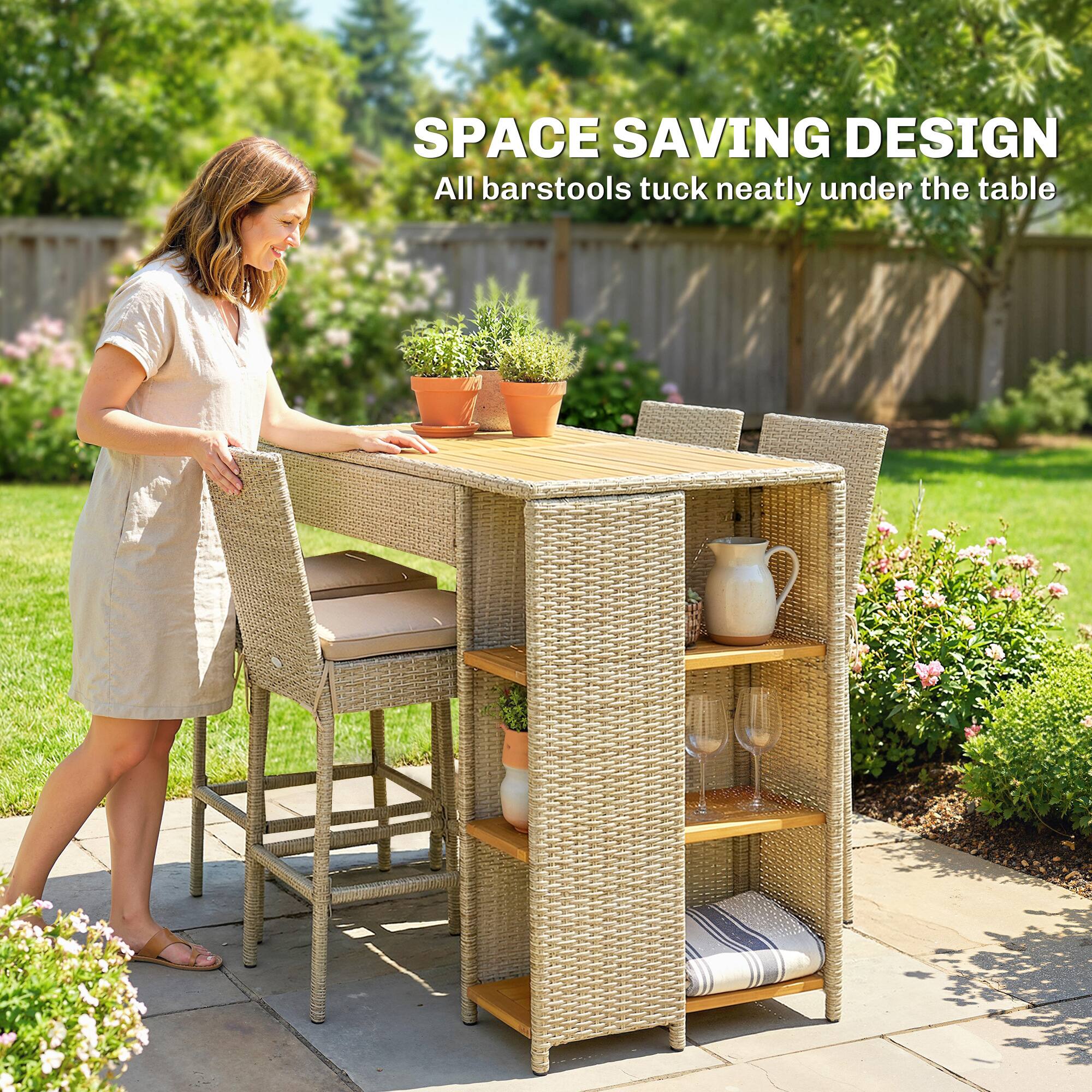 SPACE SAVING DESIGN  
All barstools tuck neatly under the table