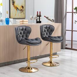 GOODSILO - Set of 2 Adjustable Swivel Bar Stools with Chrome Footrest and Velvet Upholstery - Gray
