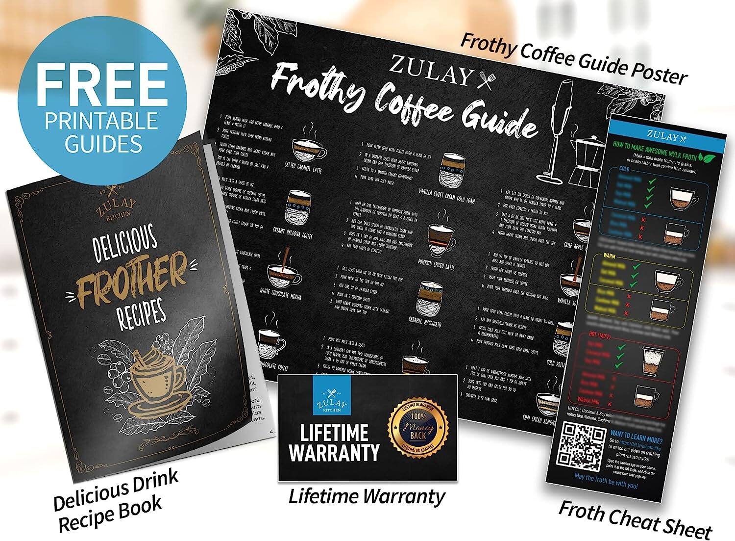 Frothy Coffee Guide Poster

ZULAY x

FREE PRINTABLE GUIDES

Delicious Drink Recipe Book

Lifetime Warranty

Froth Cheat Sheet

Frothy Coffee Guide

ZULAY x

1. SALTED CARAMEL LATTE
   - 1 cup hot coffee
   - 1 tbsp caramel syrup
   - 1 tbsp salted caramel sauce
   - Whipped cream and caramel drizzle

2. VANILLA SWEET CREAM GOLD (GAM)
   - 1 cup hot coffee
   - 1 tbsp vanilla syrup
   - 1 tbsp sweet cream
   - Whipped cream and vanilla drizzle

3. CREAMY BALI COFFEE
   - 1 cup hot coffee
   - 1 tbsp coconut syrup
   - 1 tbsp coconut cream
   - Whipped cream and coconut flakes

4. PUMPKIN SPICED LATTE
   - 1 cup hot coffee
   - 1 tbsp pumpkin spice syrup
   - 1 tbsp whipped cream
   - Pumpkin pie spice sprinkle

5. WHITE CHOCOLATE MOCHA
   - 1 cup hot coffee
   - 1 tbsp white chocolate syrup
   - 