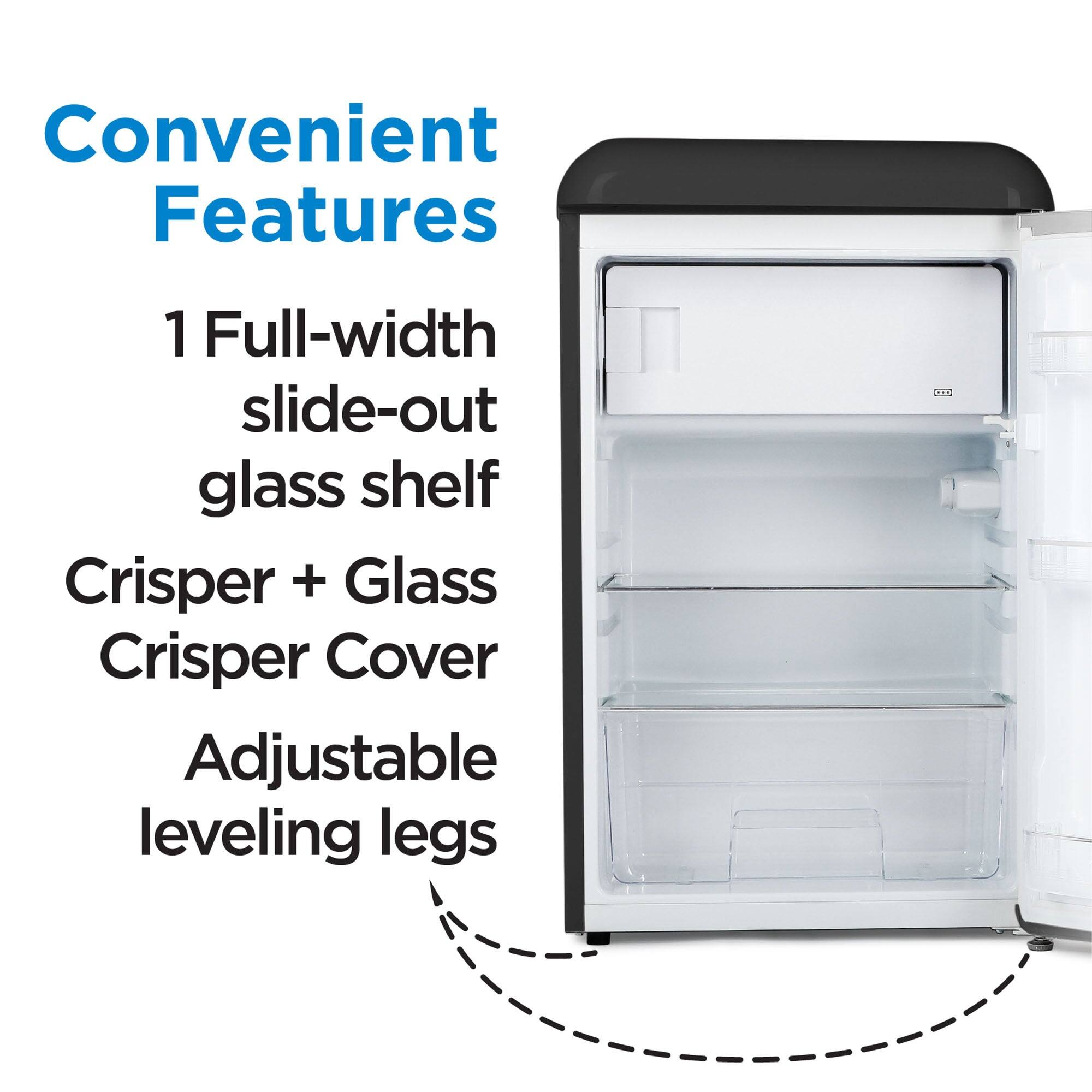 Convenient Features 1 Full-width slide-out glass shelf Crisper + Glass Crisper Cover Adjustable leveling legs