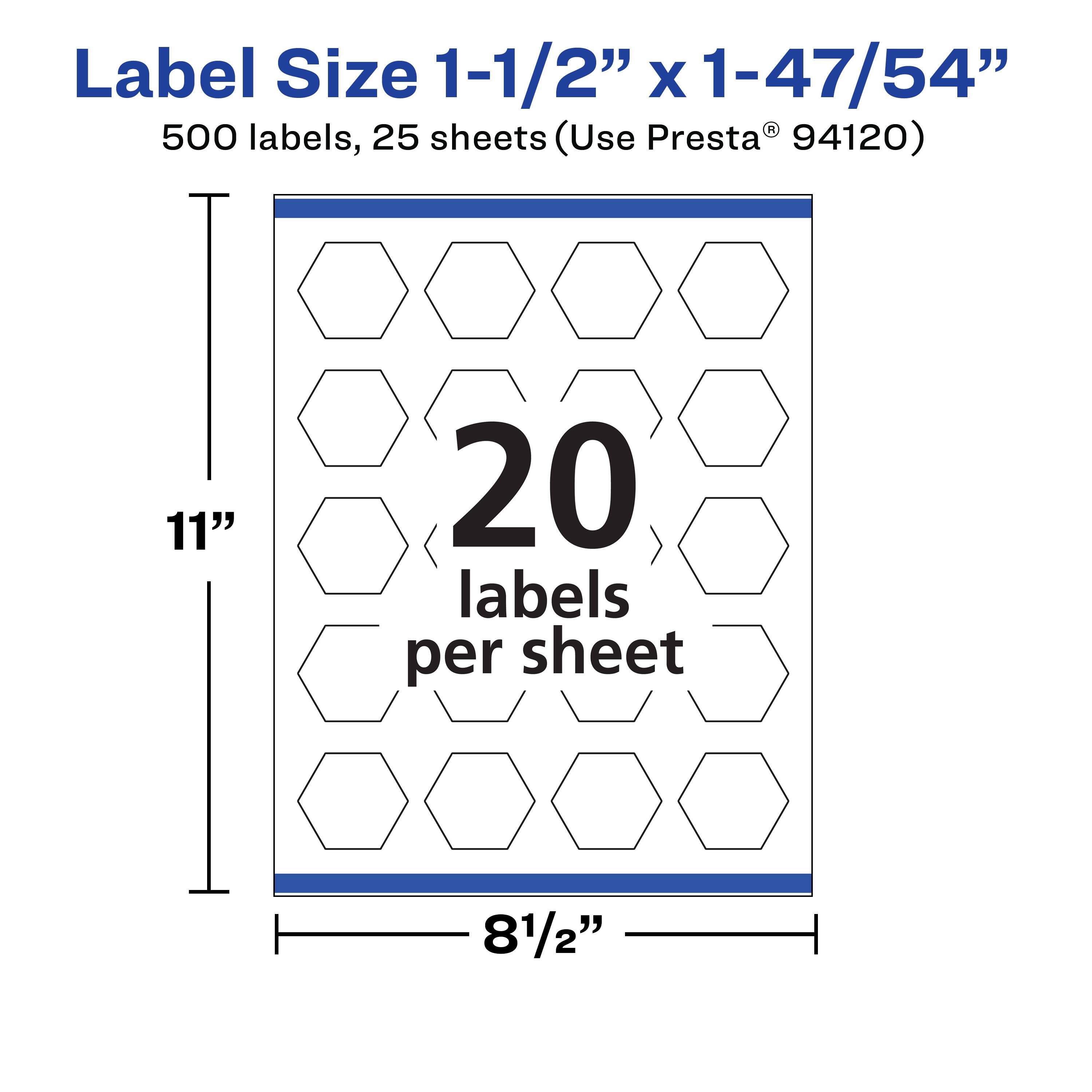 Label Size 1-1/2" x 1-47/54"  
500 labels, 25 sheets (Use Presta® 94120)  
11" x 81/2"  
20 labels per sheet