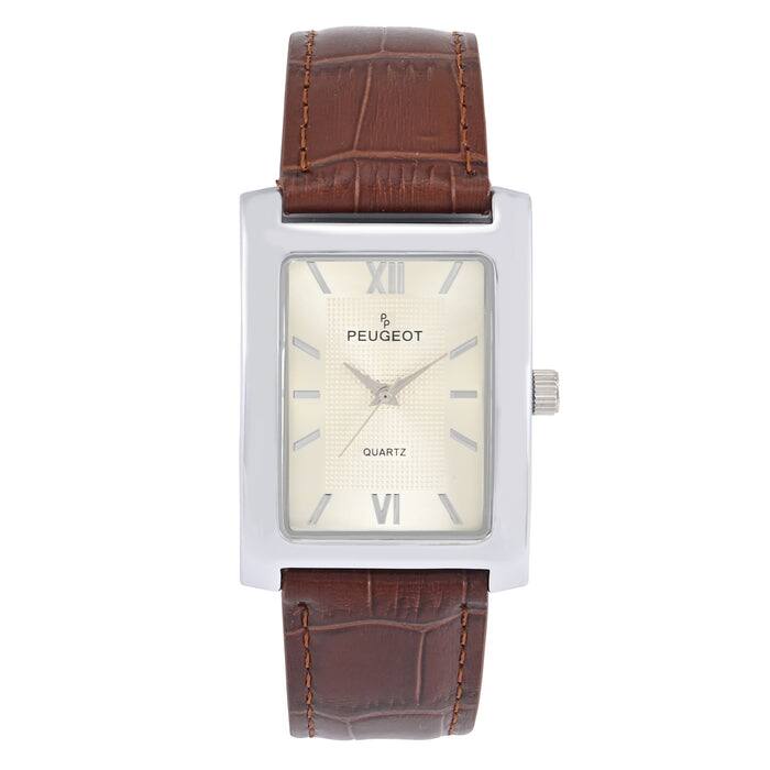 Peugeot - Men's 30X40mm Tank Shape Watch with Textured Dial and Leather Strap - Brown