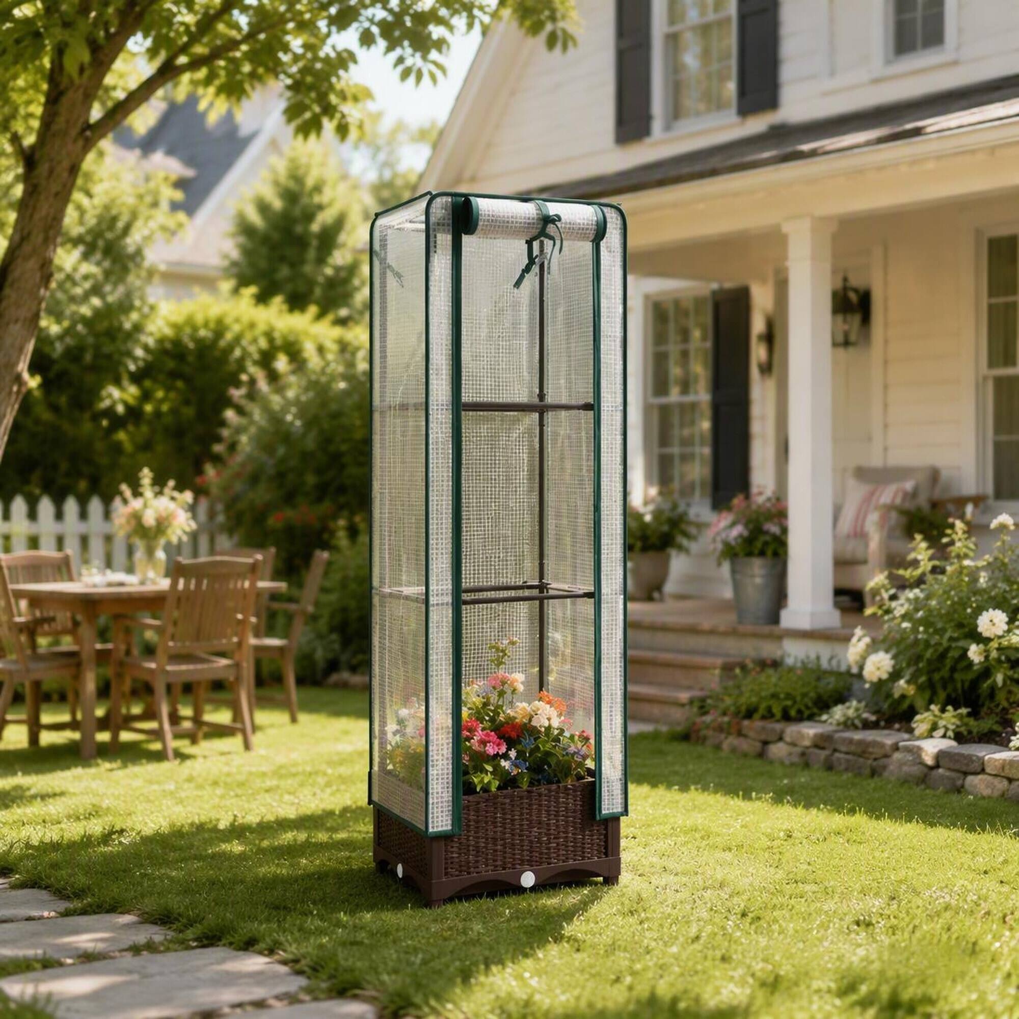 Alt View 1. RYHNUYNE - Raised Garden Bed with Trellis and Cover, Portable Outdoor Planter Box with Drainage Holes and Zipper Door - Brown,White.