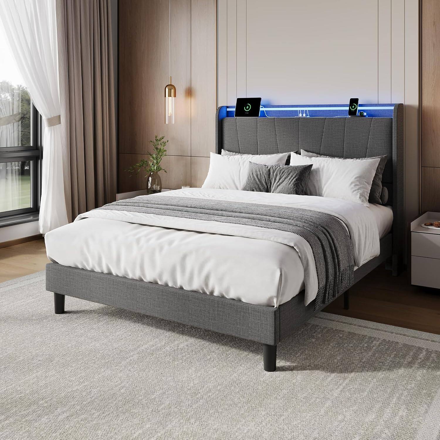 Alt View 7. GARVEE - Queen Size Bed Frame with LED Lights & Charging Station, Upholstered Platform Bed with Headboard, Gray - Grey.