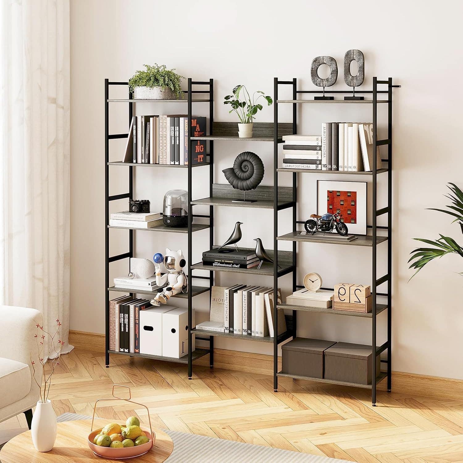 Acekool - 5 Tier Bookcases and Bookshelves,Adjustable Industrial Style Bookshelf with 14 Open Display Shelves - Dark Gray