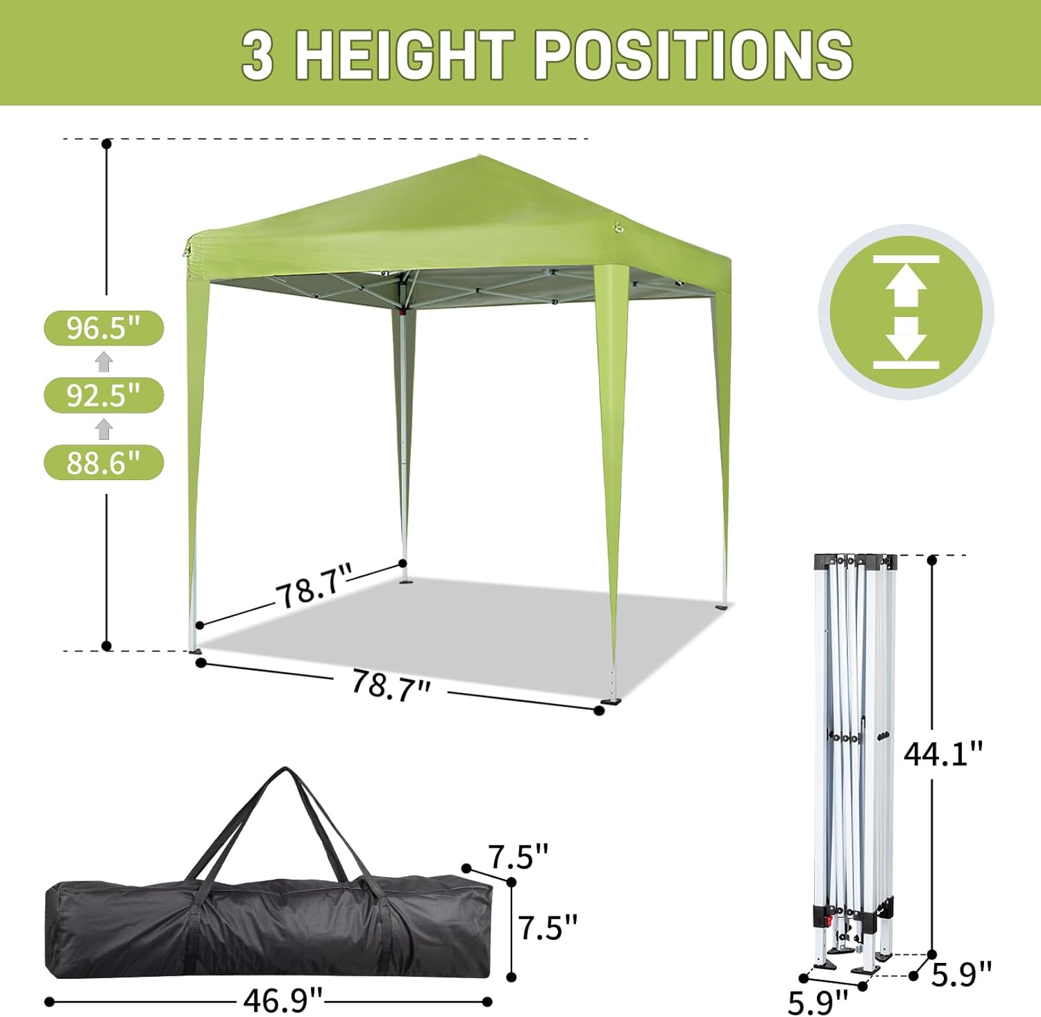 3 HEIGHT POSITIONS

96.5"  
92.5"  
88.6"  
78.7"  
78.7"  
44.1"  
7.5"  
46.9"  
7.5"  
5.9"  
5.9"