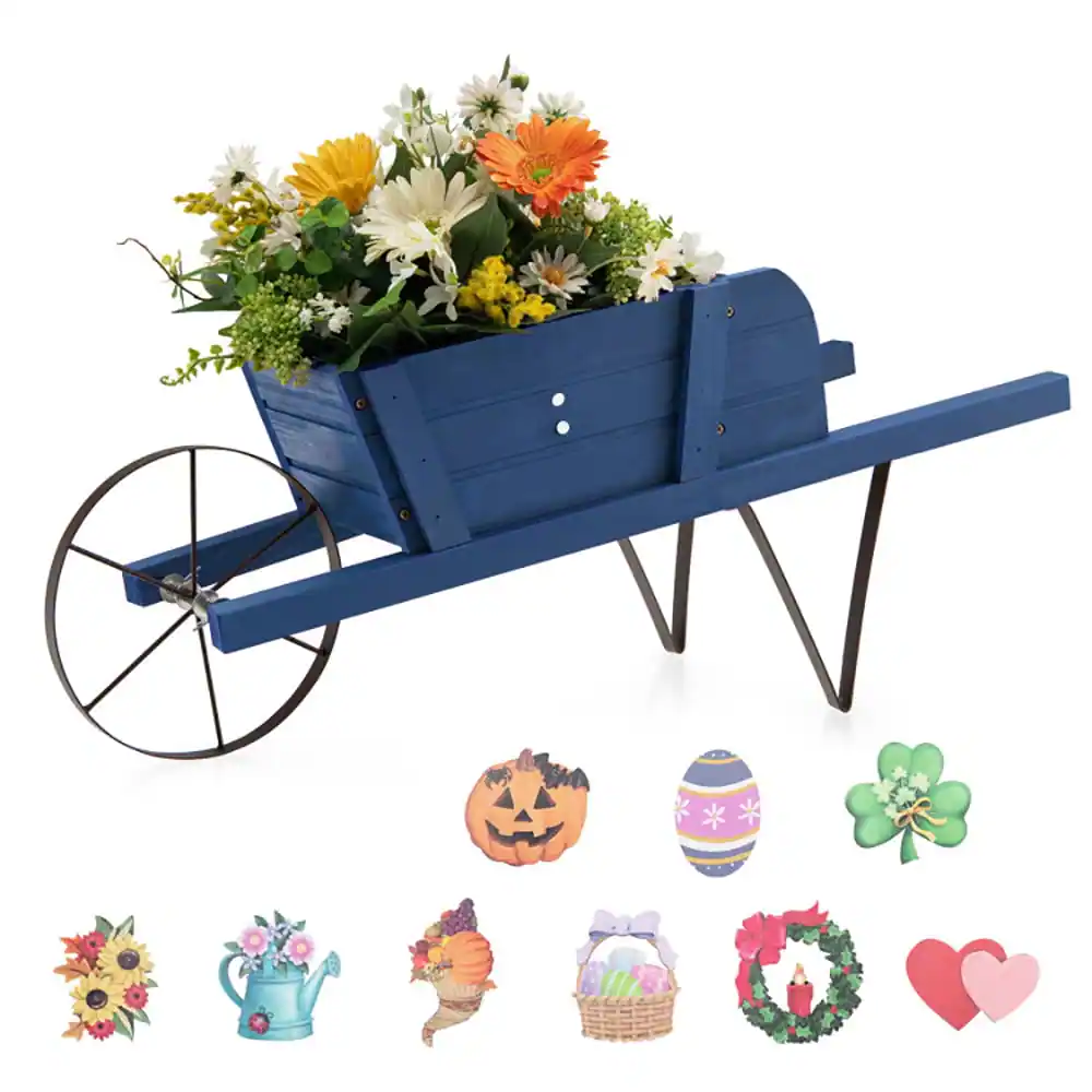 Alt View 2. Pefilos - Wooden Wagon Planter with 9 Magnetic Accessories for Garden Yard-Blue, Flower Pot Stand for Planter Corner Garden - Blue.