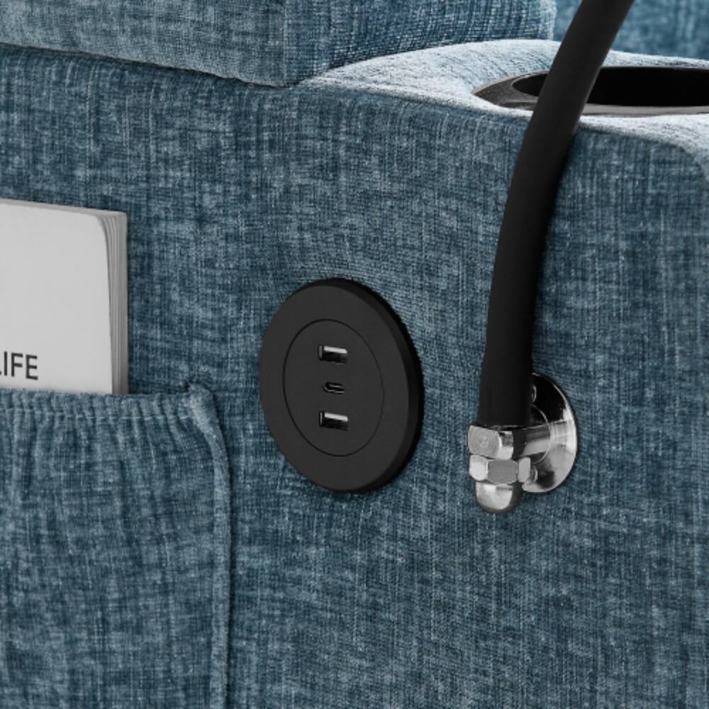 Alt View 2. LUCKY ONE - Single Sofa Recliner w/ Manual Backrest USB Port Cup Holders Hidden Storage Ottoman - Blue.
