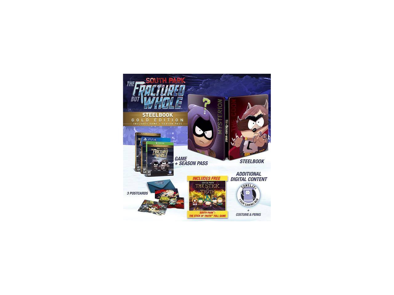 SOUTH PARK THE FRACTURED BUT WHOLE GOLD EDITION INCLUDES GAME + SEASON PASS MYSTERION - DA COON STEELBOOK 3 POSTCARDS CD INCLUDES FREE LOOT PARS THE STICK OF TRUTH ADDITIONAL DIGITAL CONTENT TOWELIE YOUR GAMING SOUTH PARK THE STICK OF TRUTH FULL GAME COSTUME & PERKS