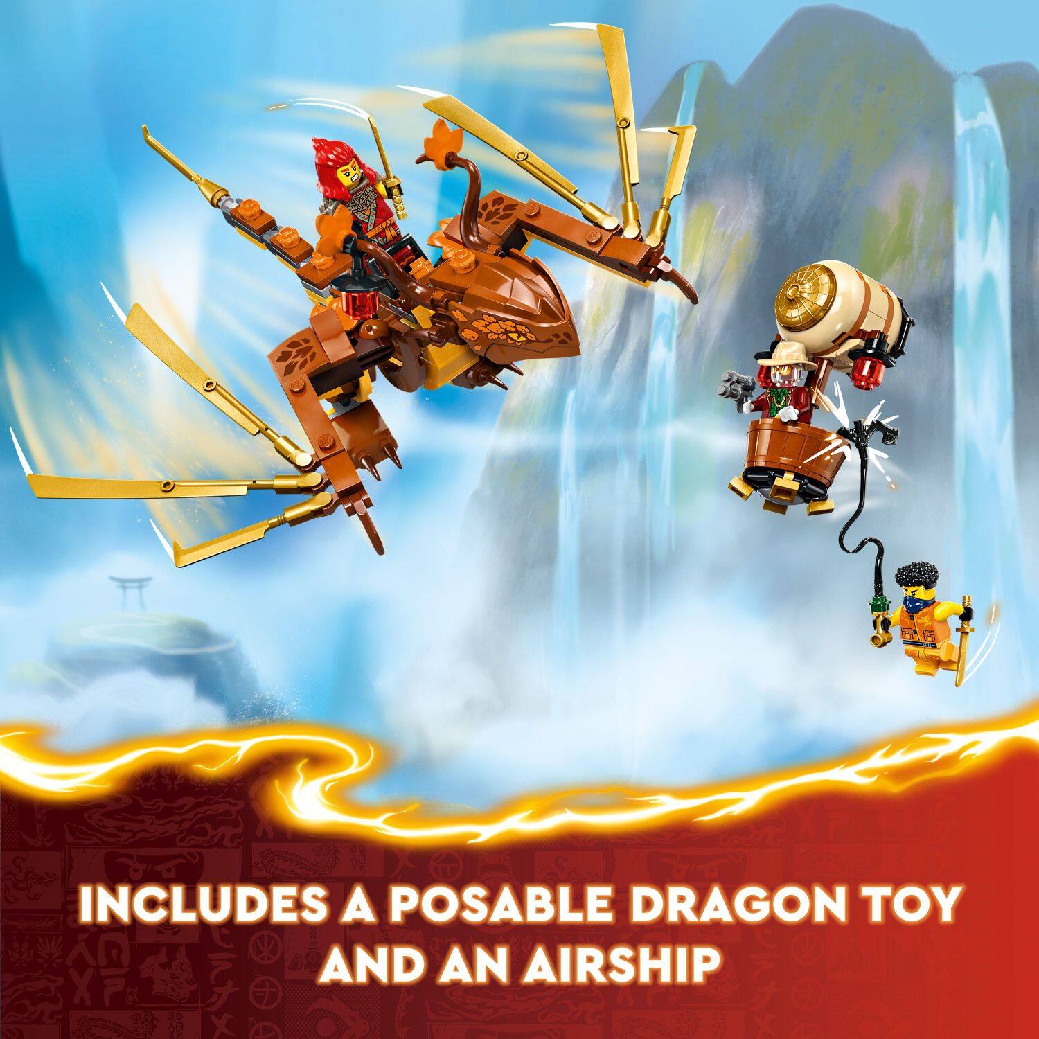 The image features a toy set that includes a posable dragon toy and an airship. The dragon toy is positioned on top of the airship, creating an exciting and adventurous scene. The toy set is designed for children to play with and enjoy, offering a fun and engaging experience.
